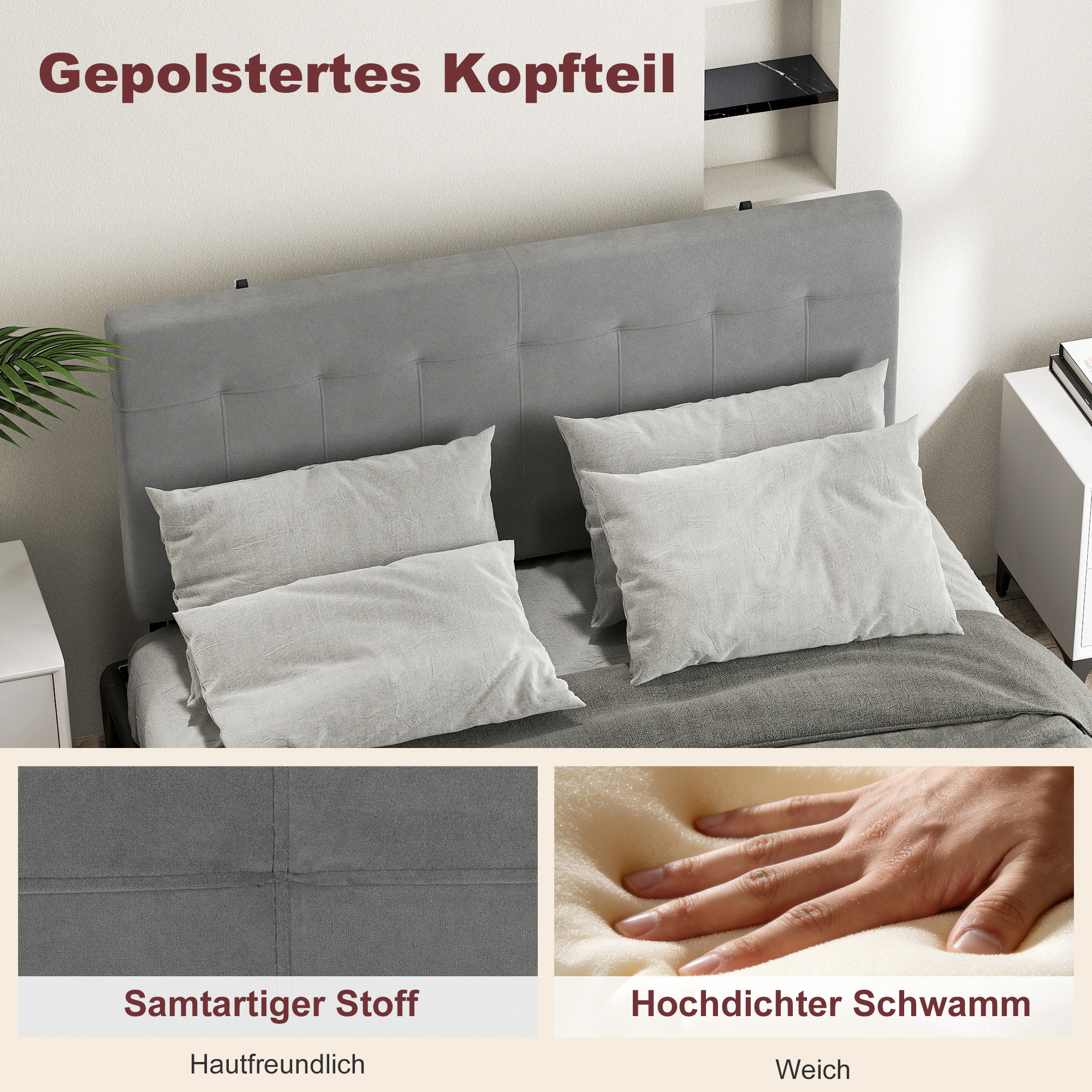 Kopfteil 3-fach höhenverstellbar Bettkopfteil mit Metallbeinen Samtoptik für Schlafzimmer 140x10x106/116/126 cm Grau