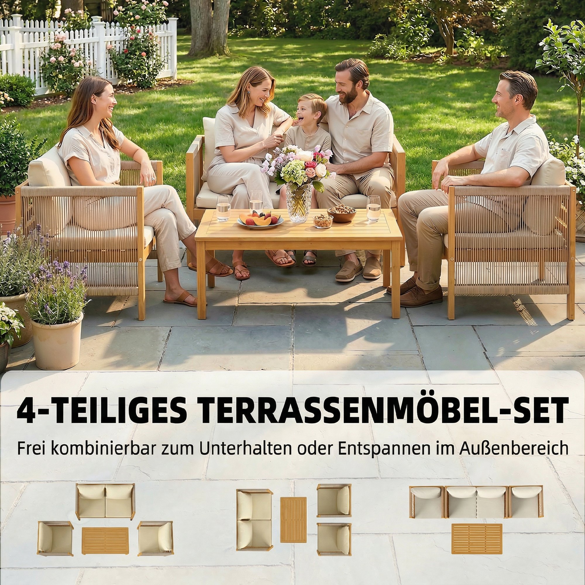 Gartenmöbel Set Holz Sitzgruppe für 4 Personen mit 2er Sofa 2 Sessel Tisch Seilflecht Lamellendesign waschbar Kissen