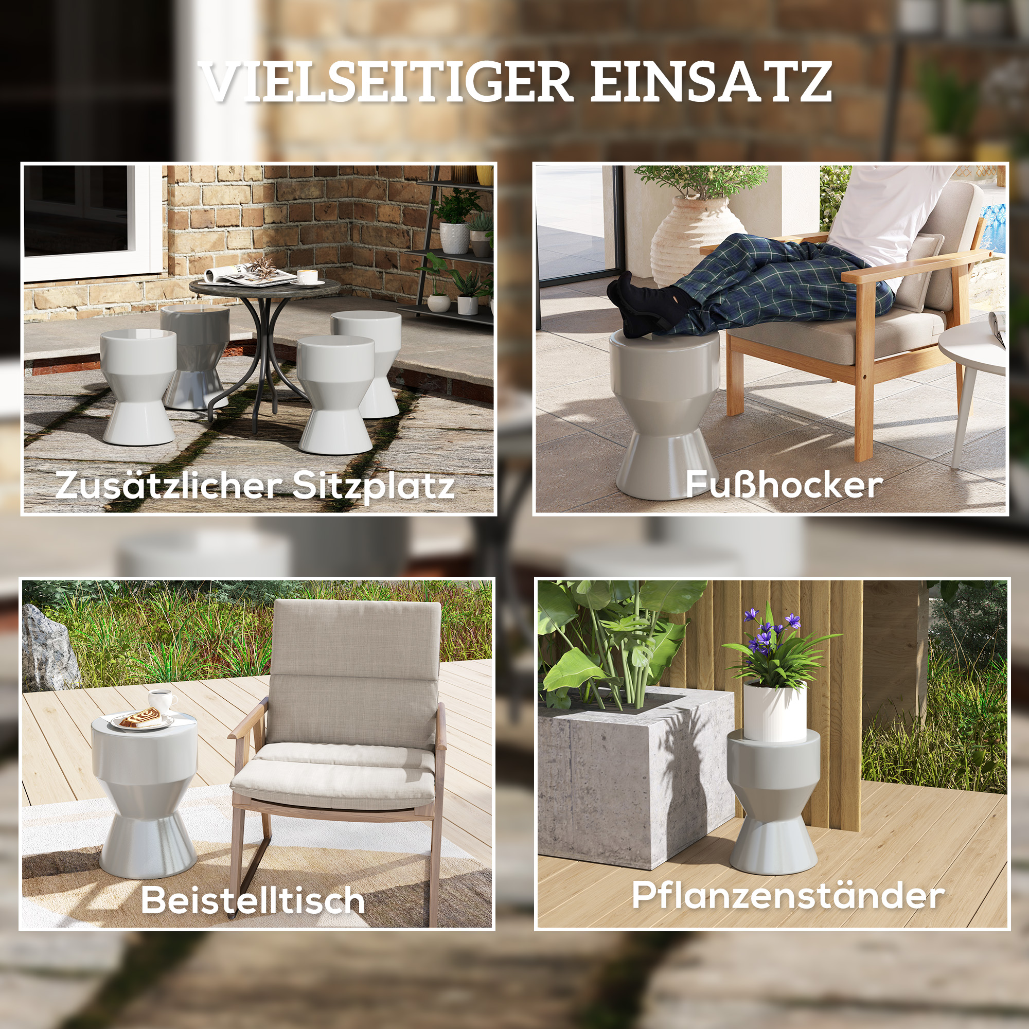 Sitzhocker aus Keramik 120kg belastbar Ø33 x 45,5 cm Wetterfest Garten Hocker in Sanduhrform Hellgrau
