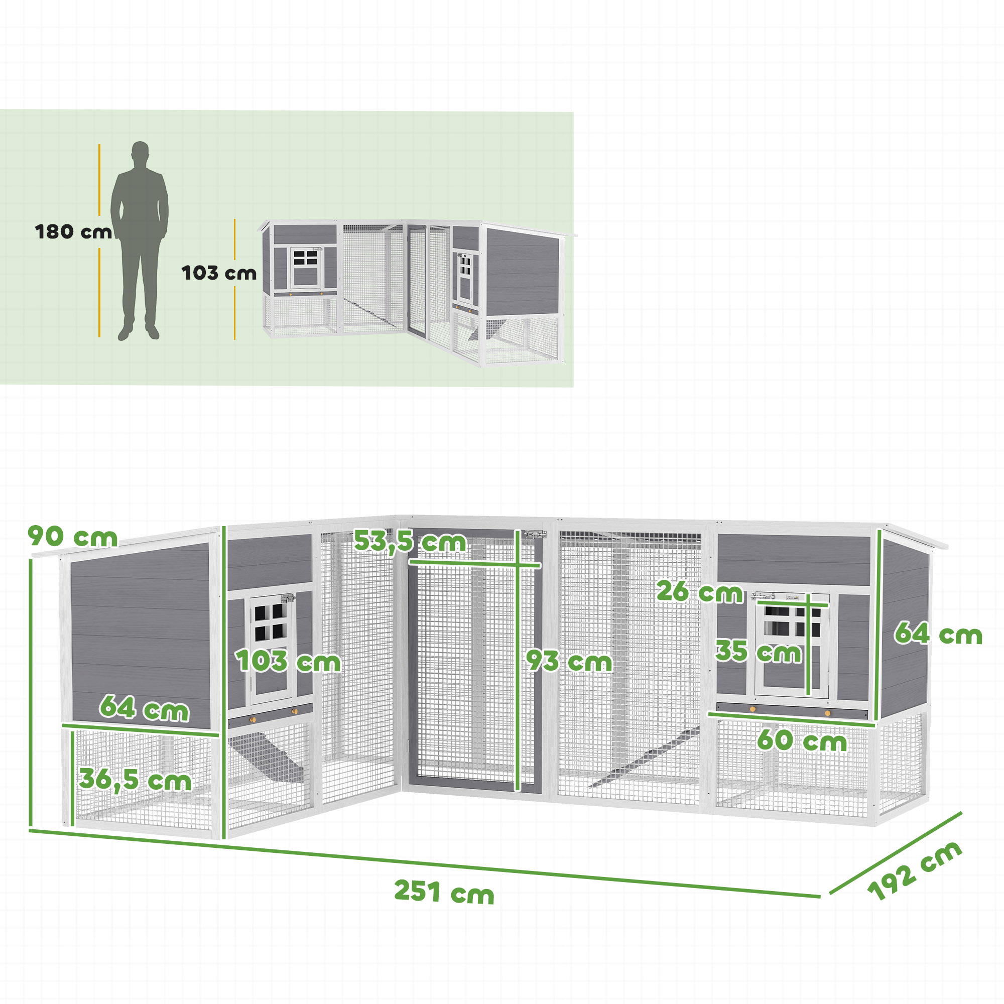 Hühnerstall L-förmiges Hühnerhaus aus Holz mit 2 Häusern, 2 Ebenen, Auslauf, Rampe, 251 x 192 x 103 cm Grau