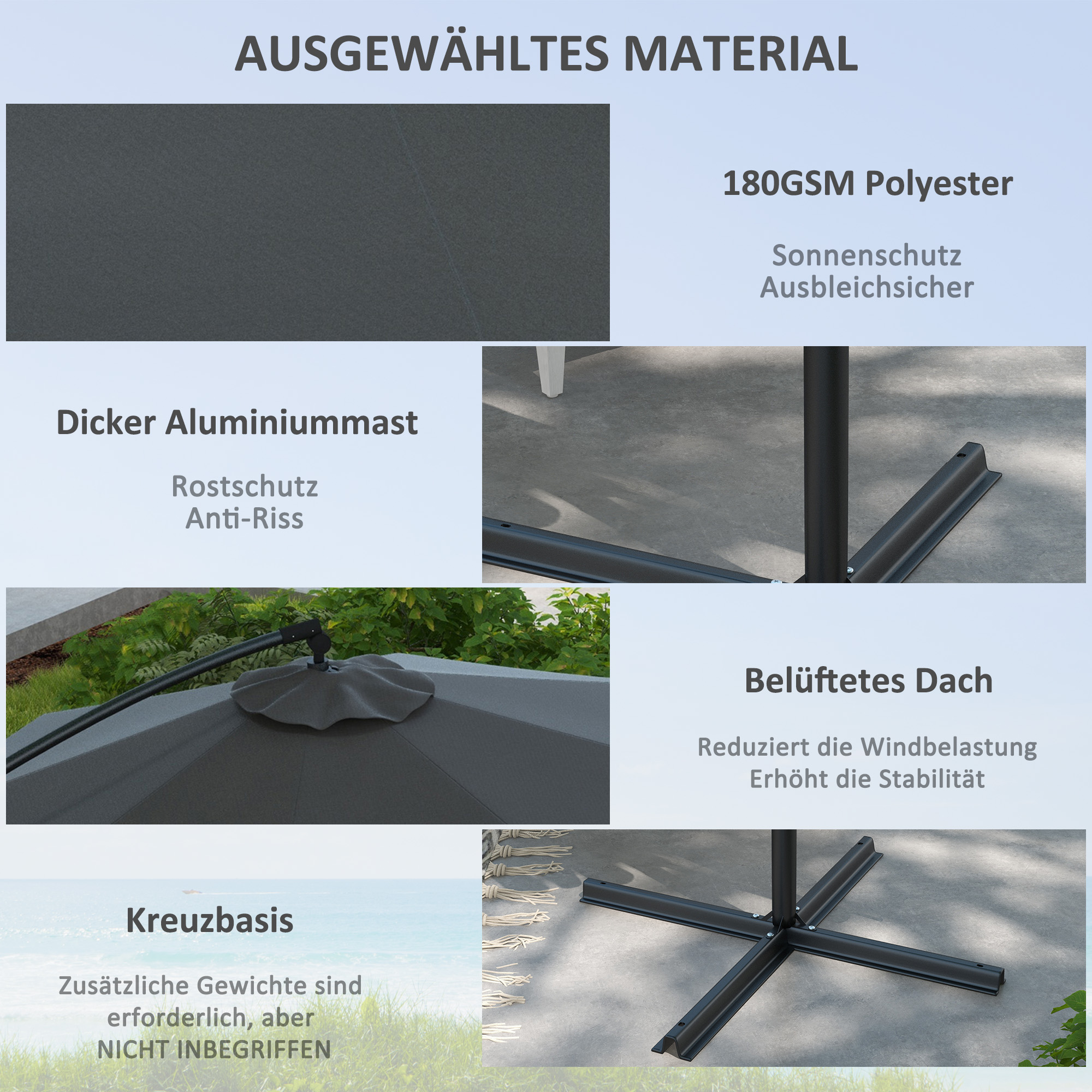 Sonnenschirm Ampelschirm, inkl, Kreuzfuß, 293 x 293 x 260 cm, Grau