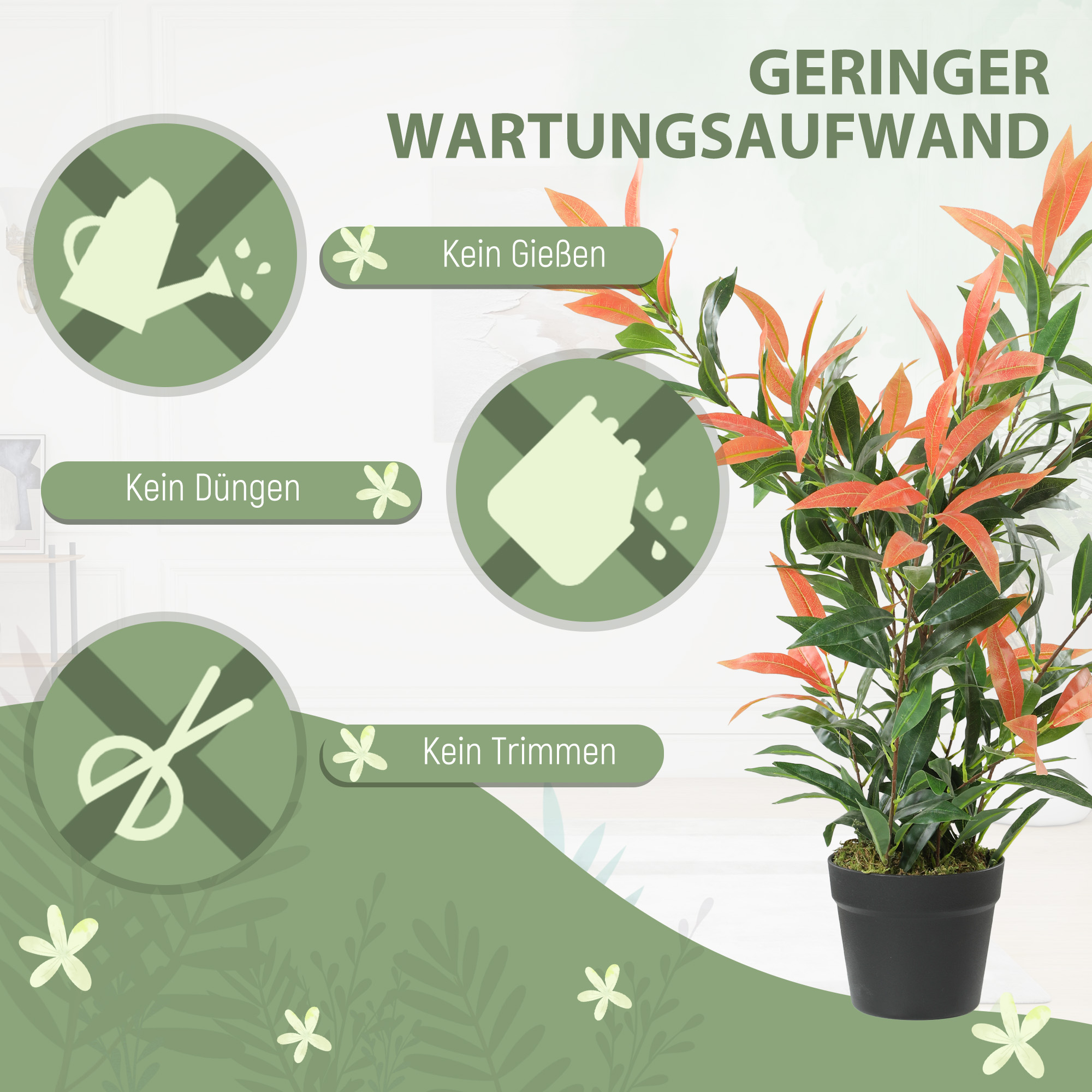 Künstliche Glanzmispel 90 cm Kunstpflanze mit 300 Blättern, anpassbaren Zweigen, 45 x 45 x 90 cm, Rot+Grün