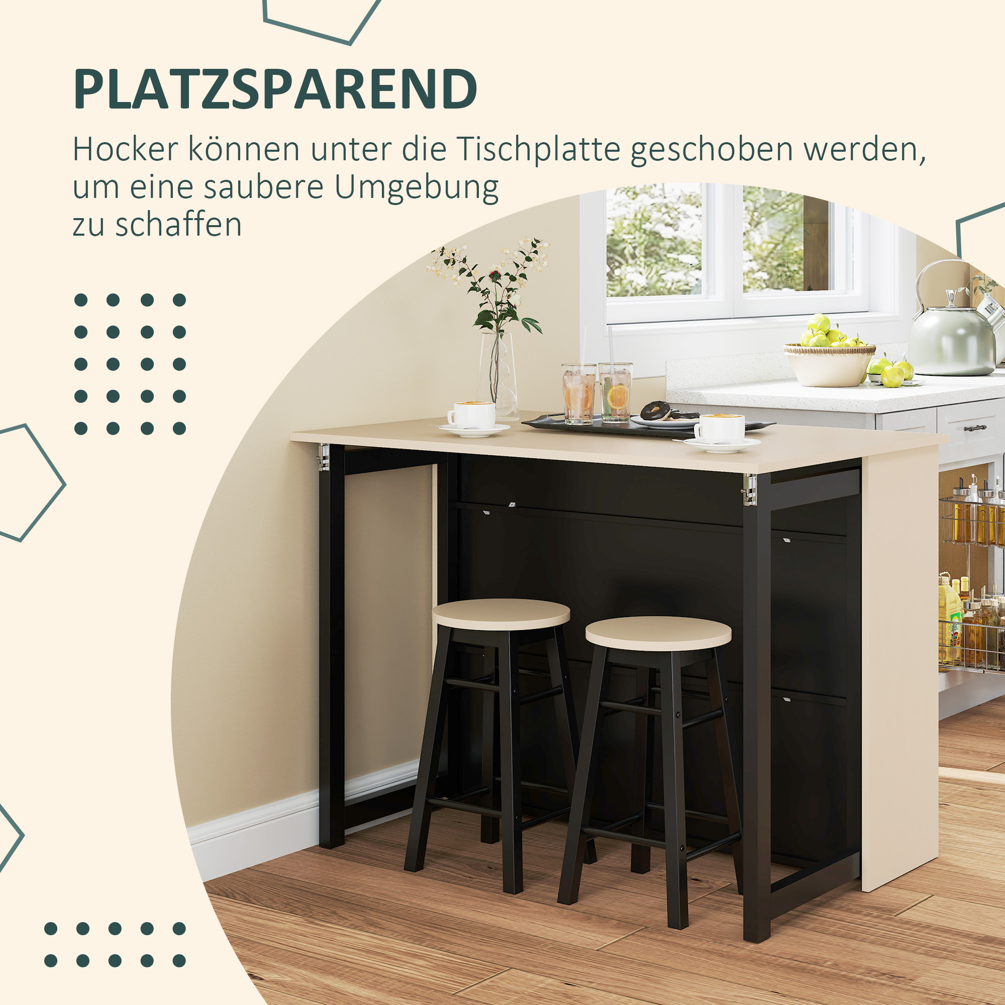 3-tlg. Barset, Bartisch mit klappbarer Tischplatte, 2 Barhocker, 6 Staufächer, schwarz+Eiche, 116 x 70 x 89,5 cm