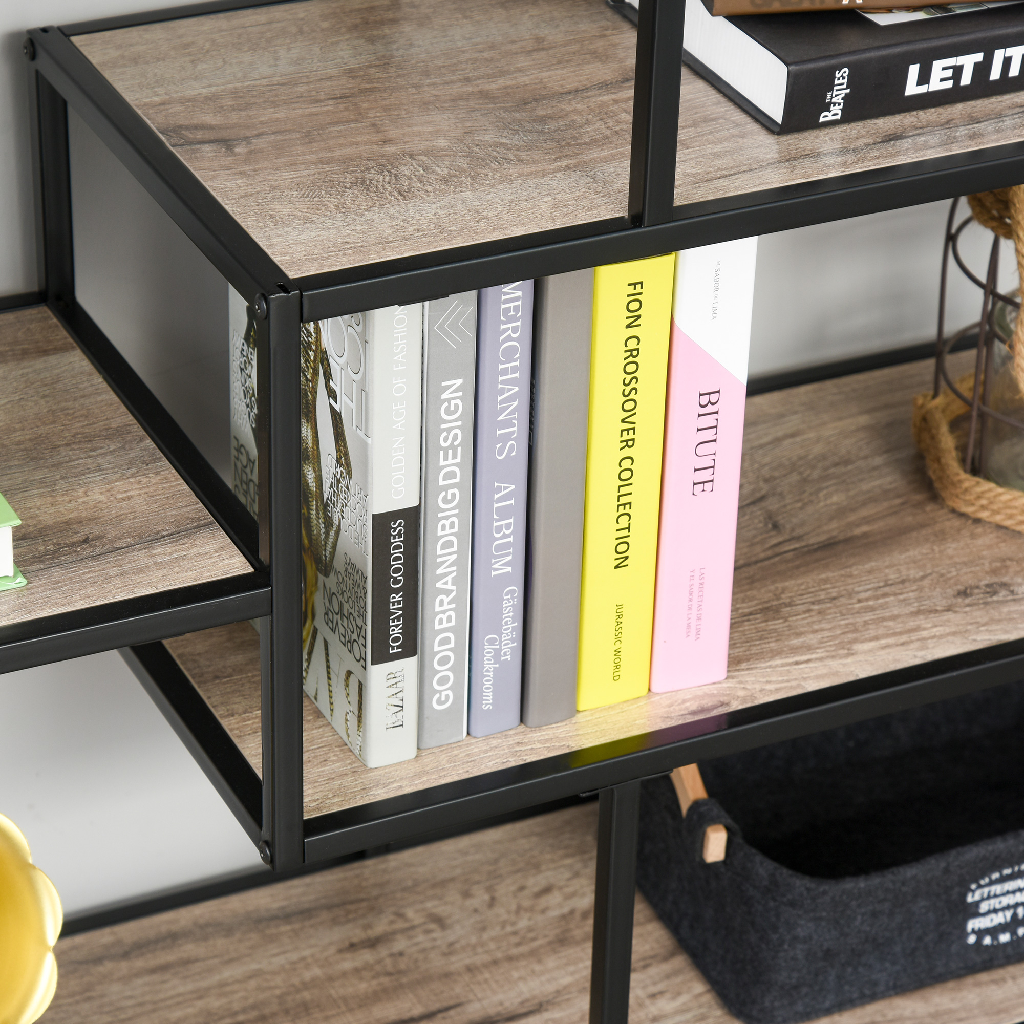 Standregal, Bücherregal Lagerregal Industrieller Stil, Aktenregal, Küchenregal, P2 Spanplatte, Metall, Schwarz+helle Eiche, 120 x 32 x 95 cm