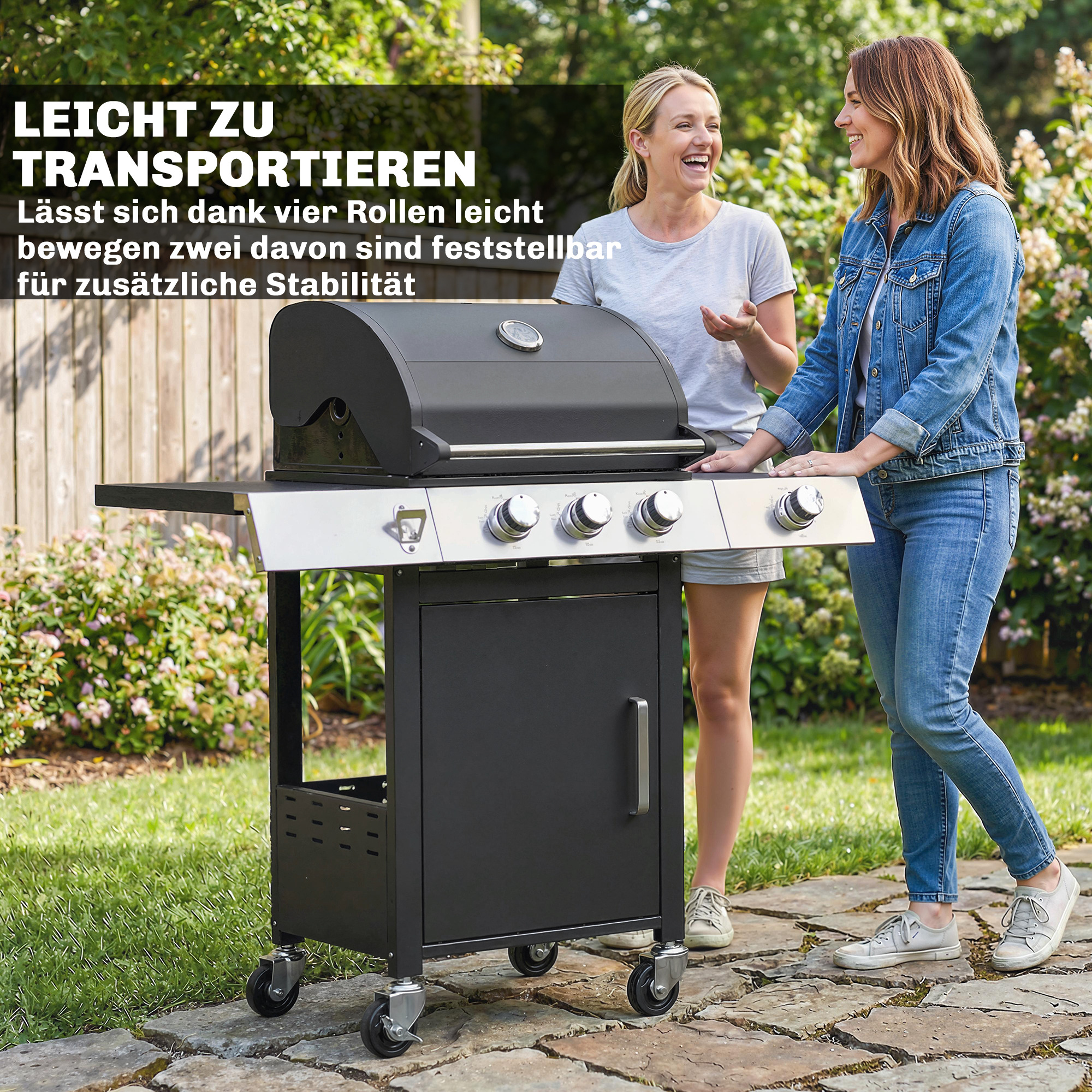 Gasgrill 10,5 KW 3+1 Brenner BBQ Grillwagen Edelstahl inkl Seitenbrenner Flaschenöffner Thermometer Gusseisen-Grillrost