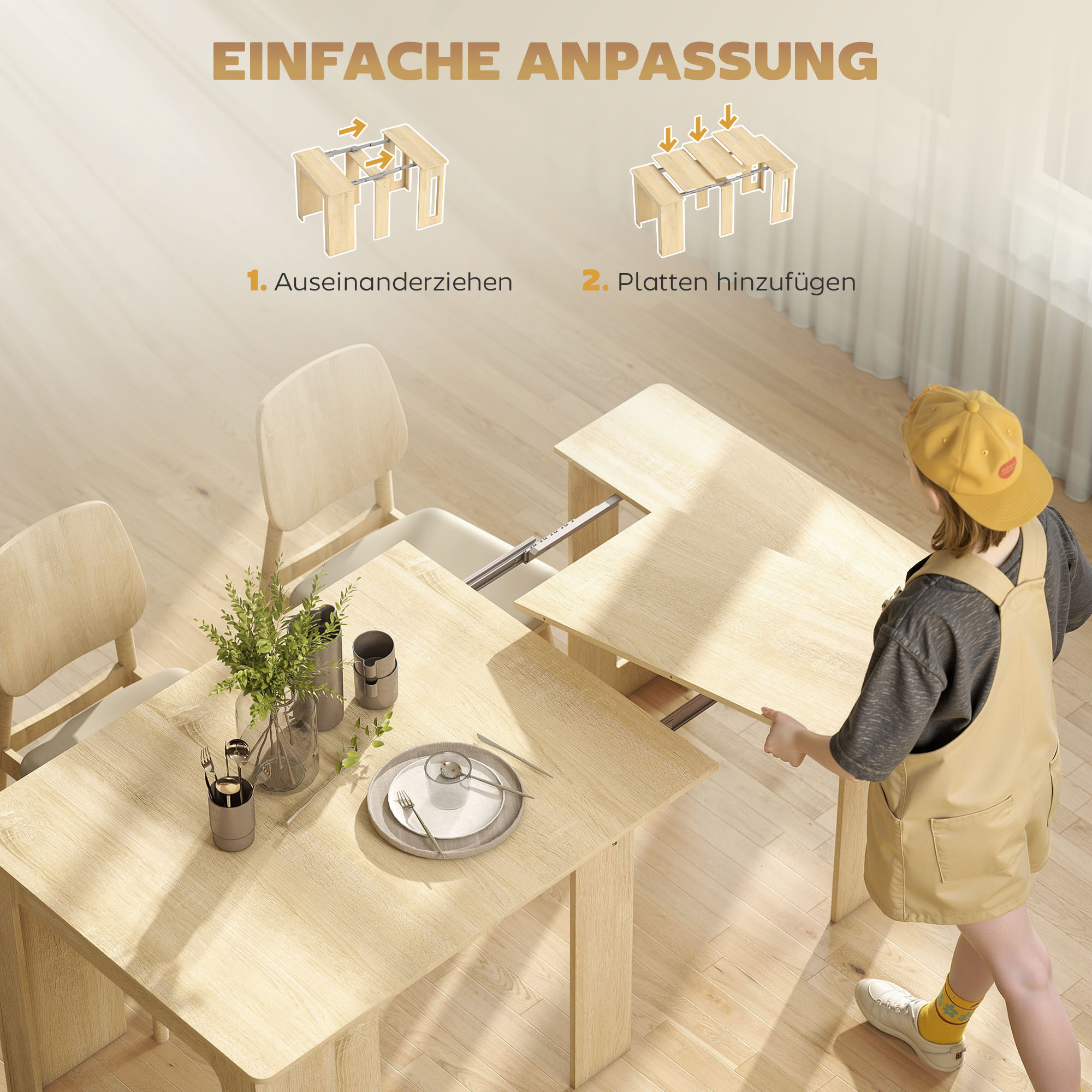 Esstisch, Klapptisch, ausziehbarer Küchentisch, Esszimmertisch, Spanplatten, 60-180 x 85 x 75 cm, Natur