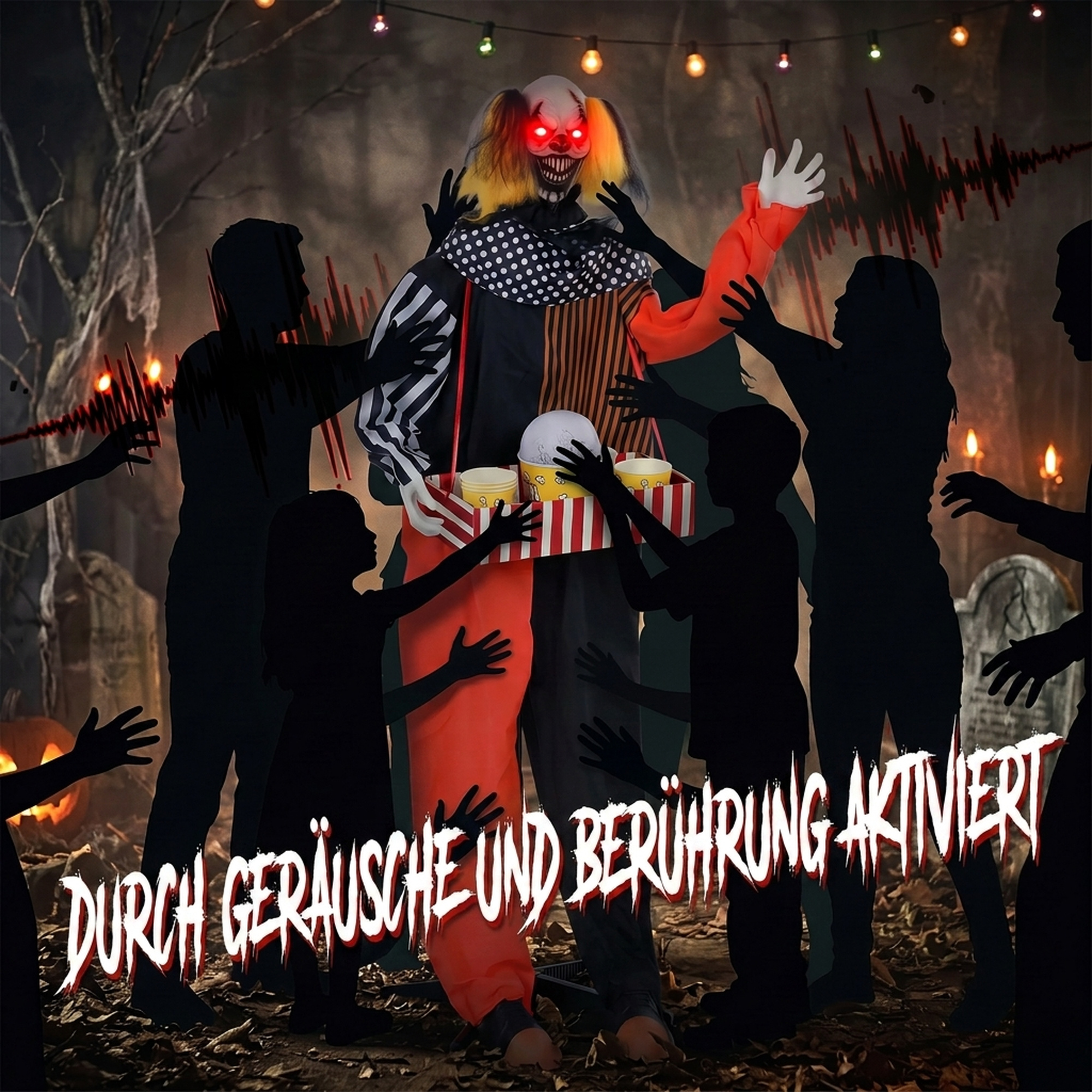 animierter Halloween-Popcorn-Clown mit hochschnellendem Kopf, Grusel-Sound, Jahrmarktmusik und leuchtenden Augen