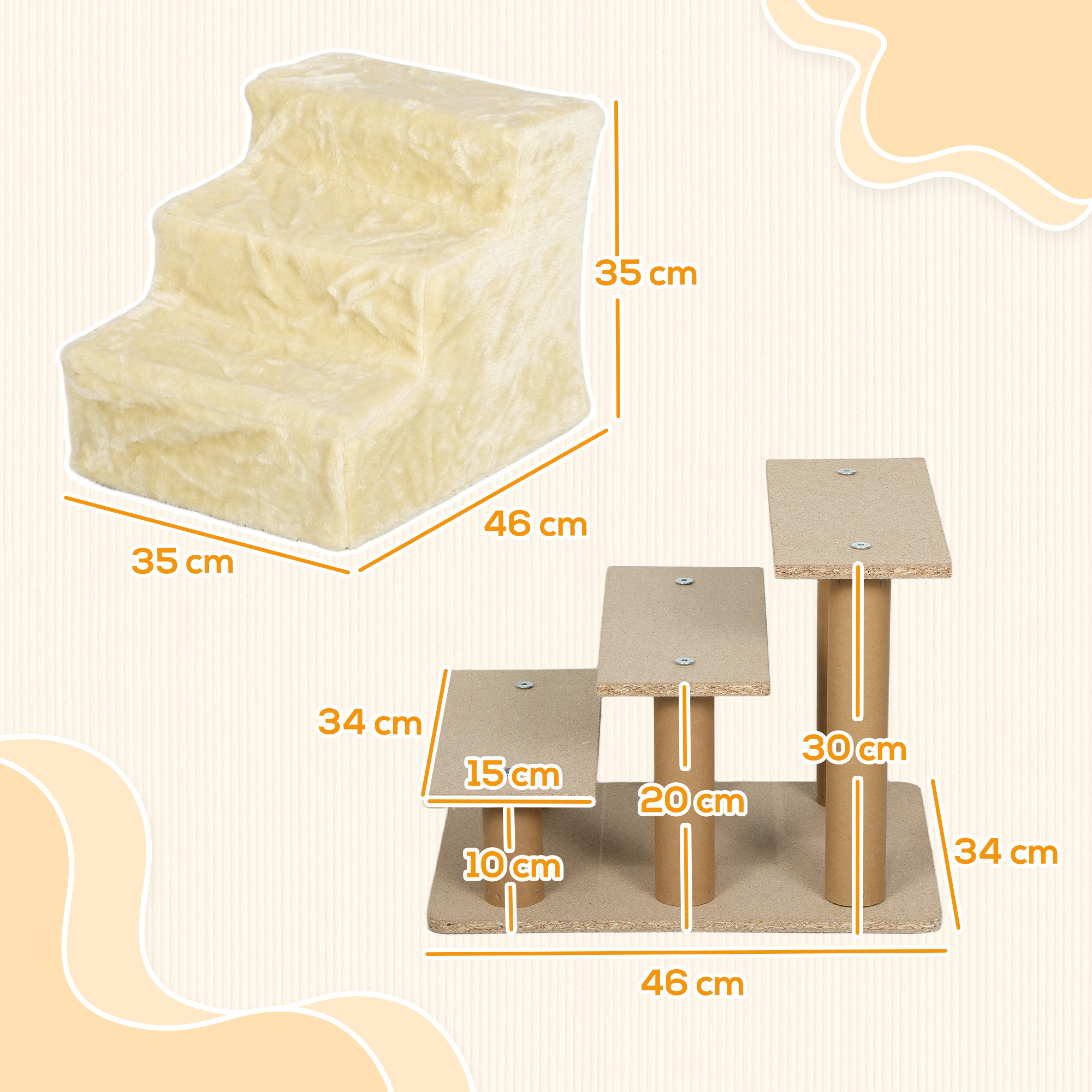 faltbare Haustiertreppe, 3 Stufen, waschbarer Plüschbezug, Spanplatte, 46 x 35 x 35 cm, Beige