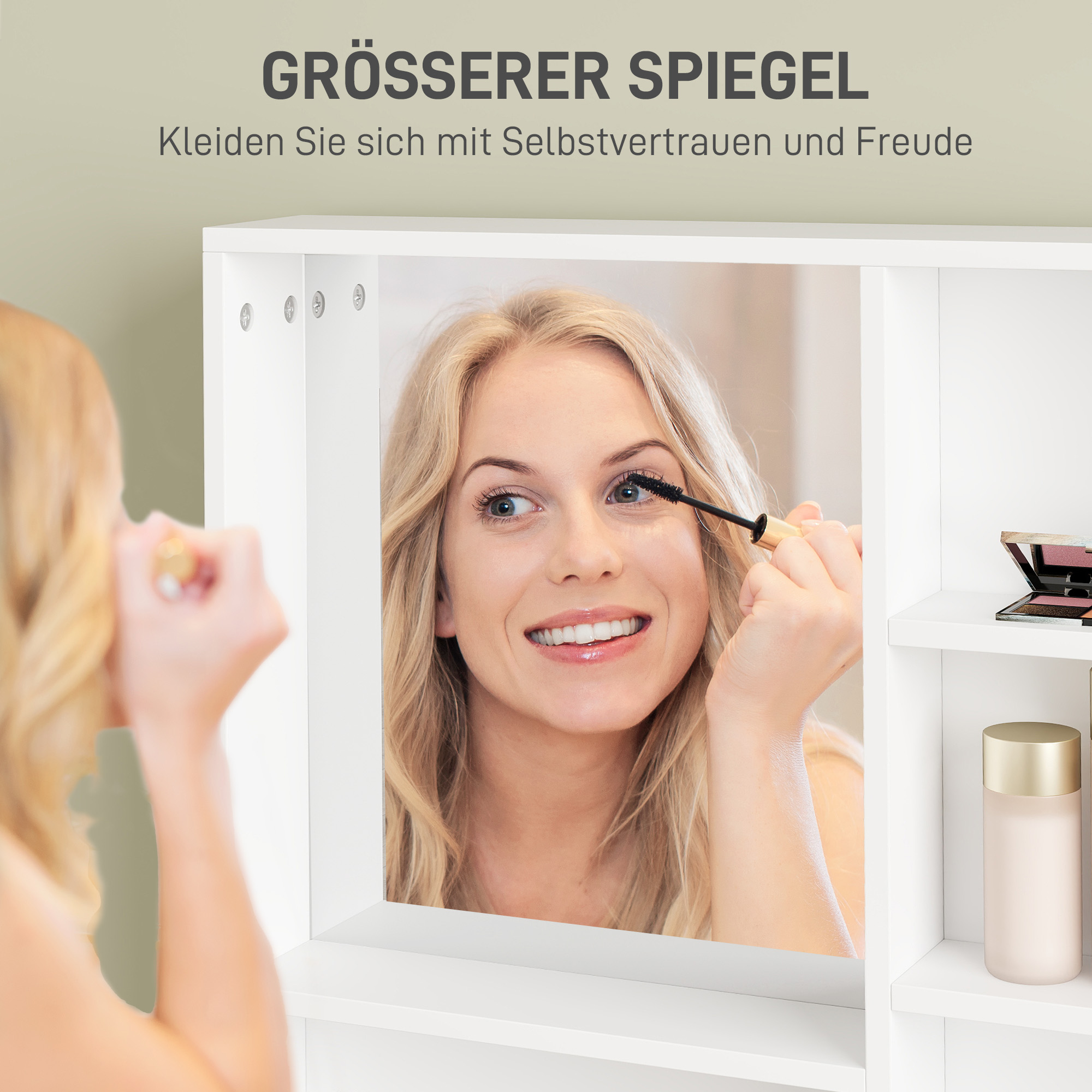 Schminktisch mit Spiegel, Schublade, 3-stufige Seitenablage, Spanplatte, Weiß