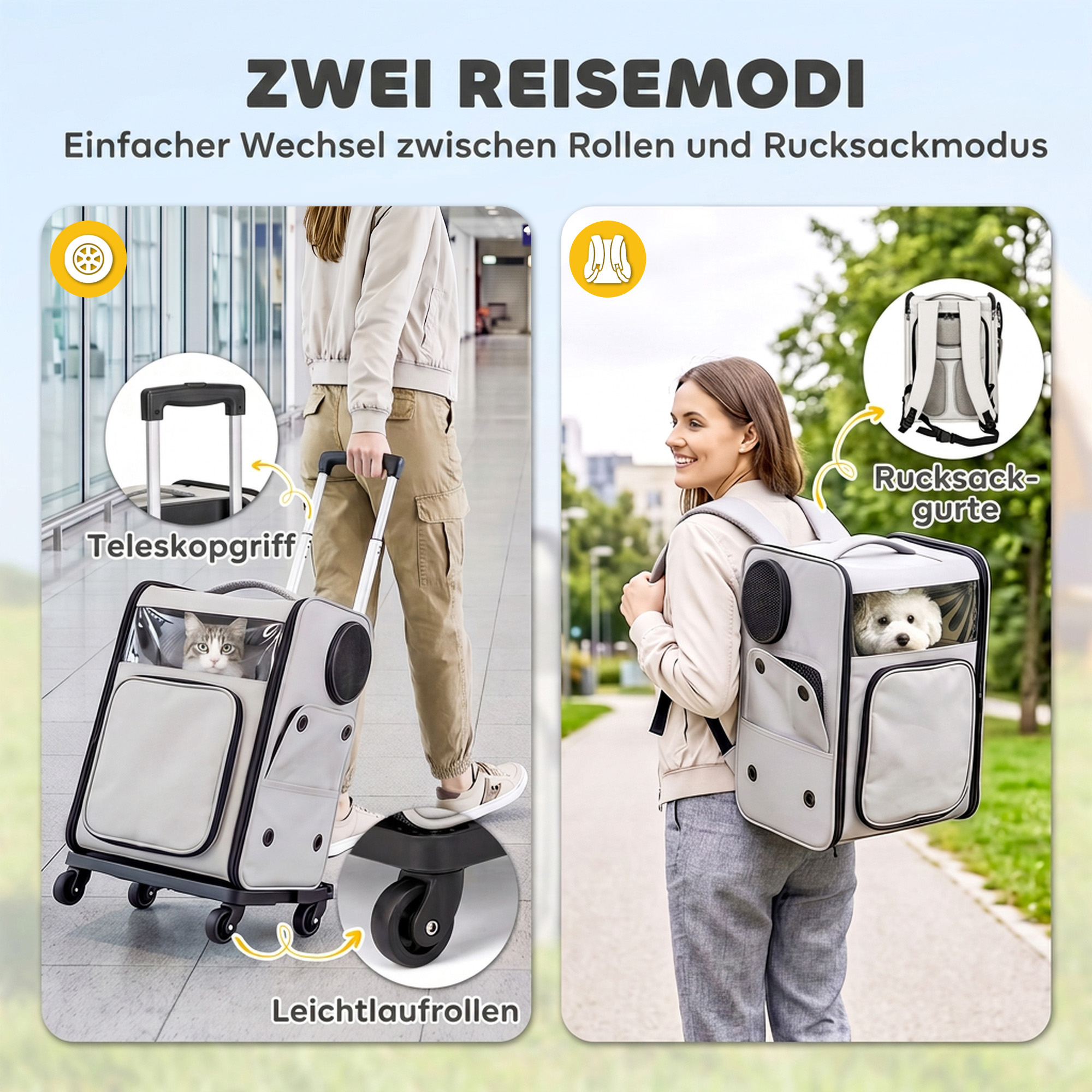 Hunderucksack 2 in 1 faltbare Transporttasche mit Rollen Rückenstütze Mesh-Fenstern Seitentasche bis 5 kg