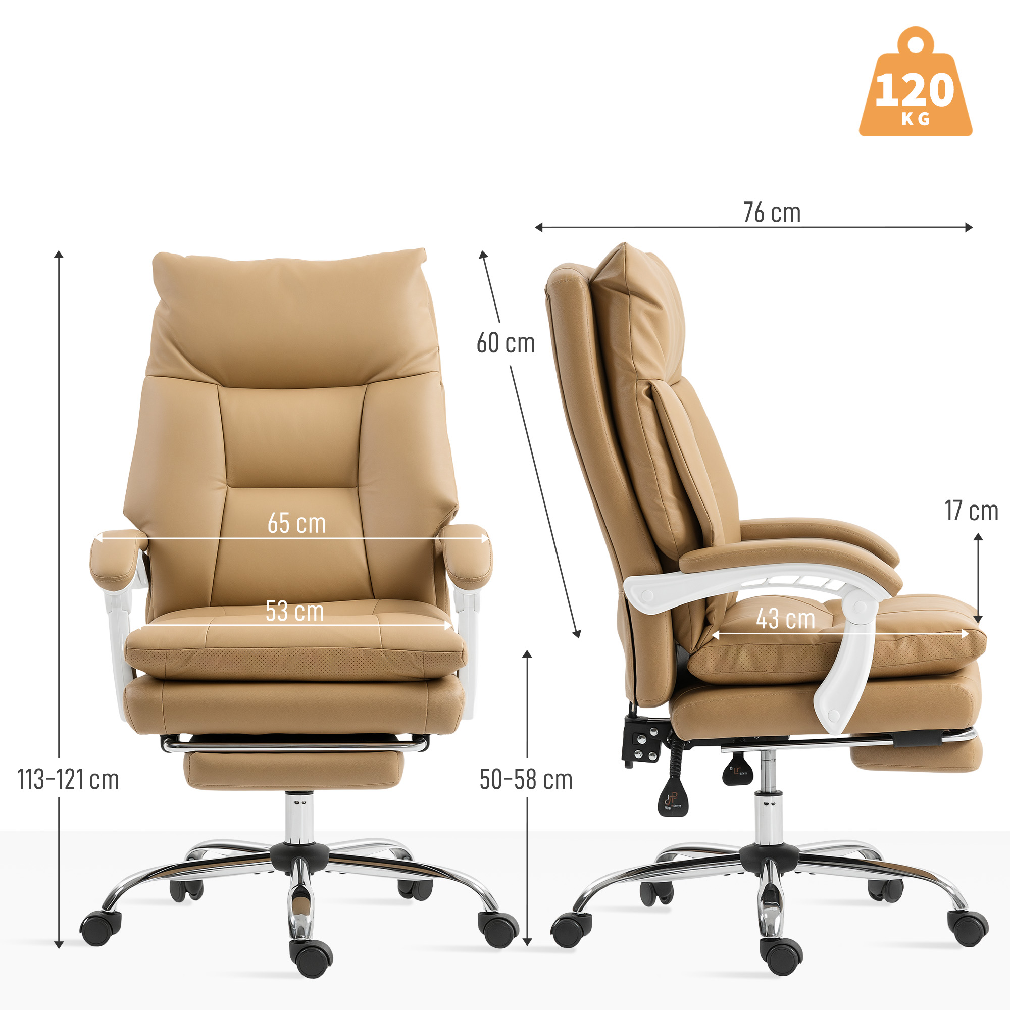 Bürostuhl Ergonomischer Schreibtischstuhl mit Lendenwirbelstütze, Klappbar Armlehne, Fußstütze Hellbraun