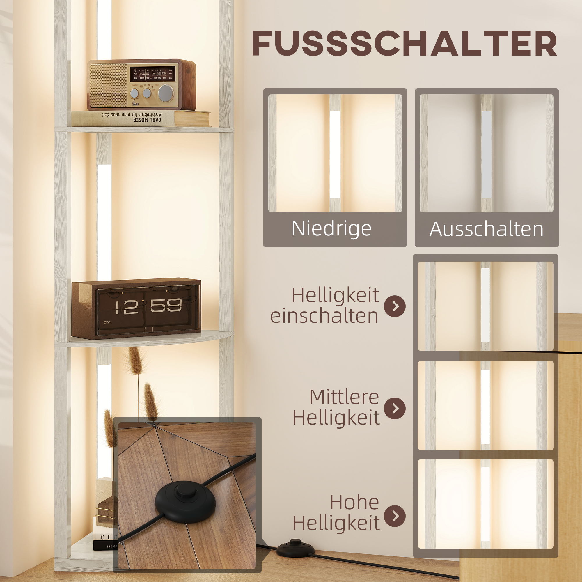LED Standleuchte, Eckregal, dimmbar, 4 Ablagen, warmweißes Licht, 41x30x164cm, Eiche