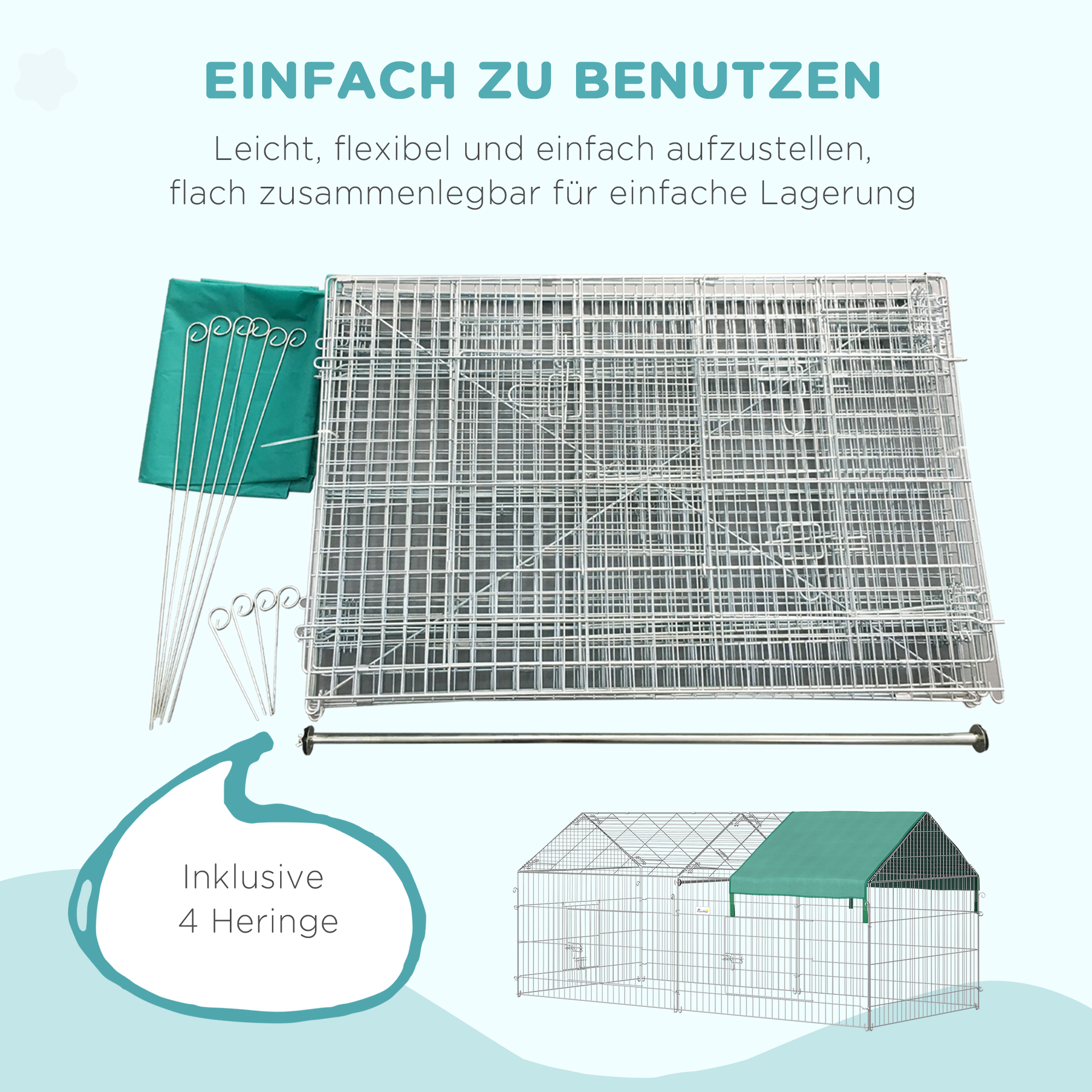 Laufgitter für Kleintiere, Außengehege, 4 Bodenspieße, 220 cm x 103 cm x 103 cm, Schwarz + Grün
