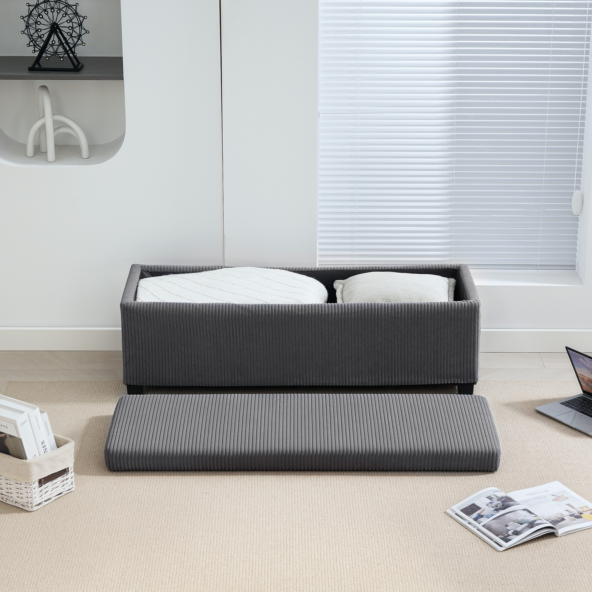 Faltbare Aufbewahrungsbank mit 84 L Kapazität 112x42x40 cm Samtbezug Fußende des Bettes für Wohnzimmer Schlafzimmer Grau