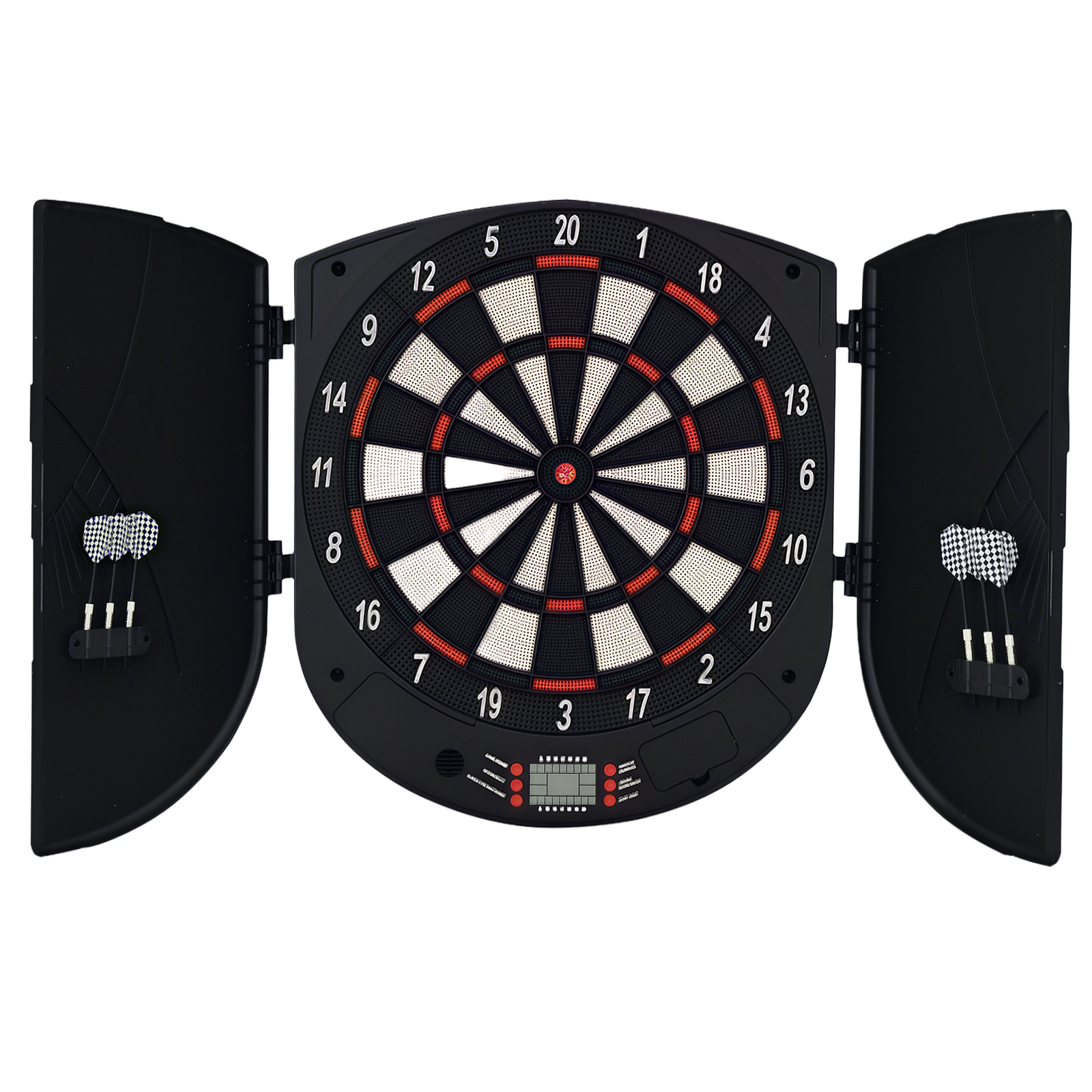 elektronische Dartscheibe Dartboard mit Sprachansagen Englische Stimme LED-Anzeigen 6 Darts 26 Spiele 185 Varianten Dartautomat mit Tür Dartscheibe Set für bis zu 8 Spieler