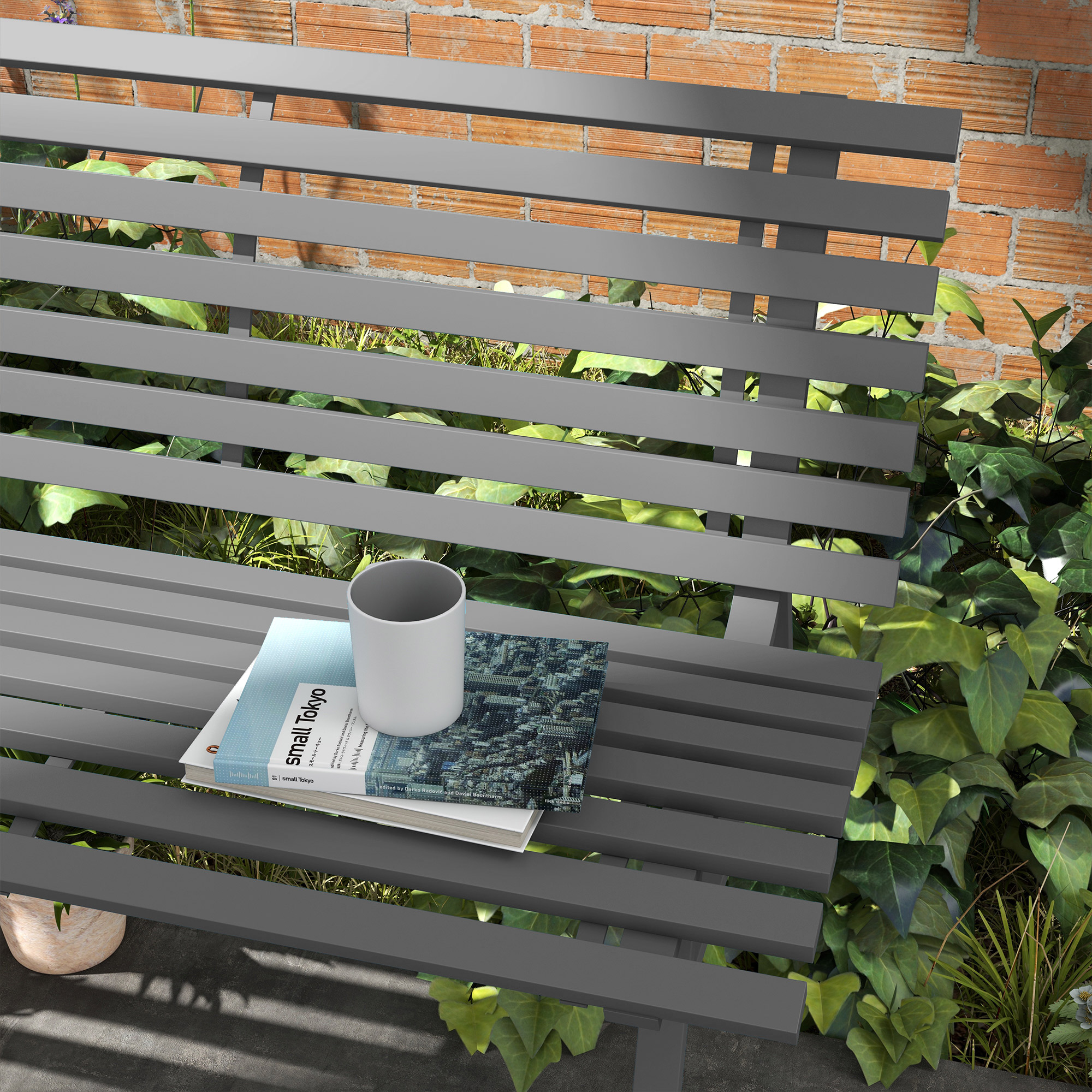 Gartenbank Sitzbank Parkbank, Lattendesign, wetterbeständig, Aluminium, 123 x 67 x 79 cm, Grau