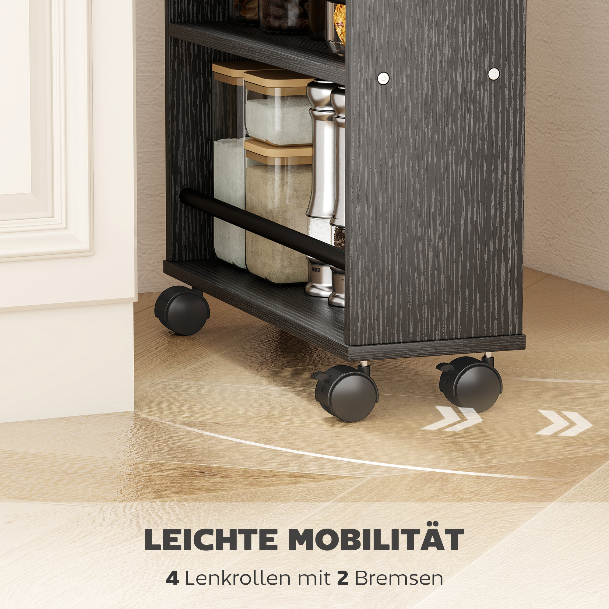 Multifunktionsregal mit Rollen, schmale Bauweise, 4 Fächer, 45x15x91 cm, Schwarz
