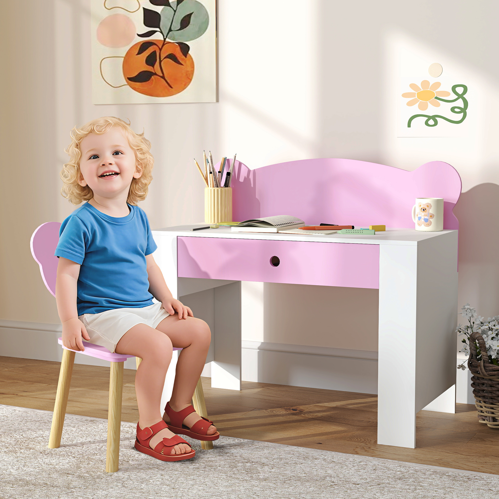 Schreibtisch-Set für Kinder, Arbeitstisch und Stuhl mit Bärenform, Schublade, zum Schreiben und Basteln, 3-8 Jahre, Rosa