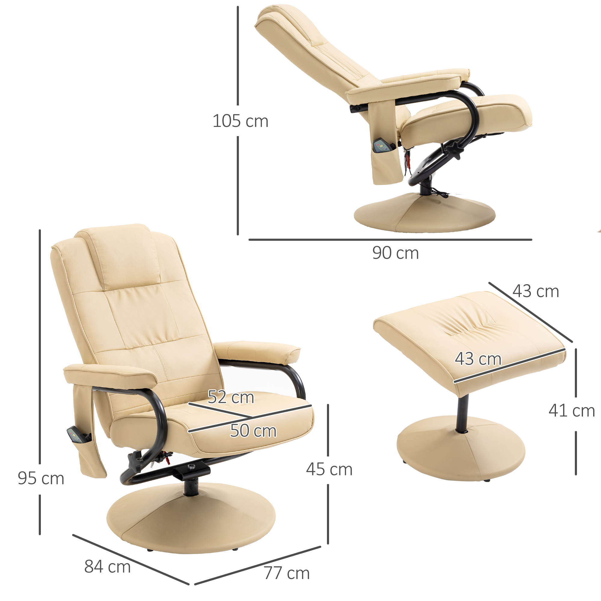 Massagesessel mit Hocker, Drehbares Relaxsessel mit Massagefunktion, Fernsehsessel mit Liegefunktion, Fernbedienung für Wohnzimmer, Kunstleder, Creme
