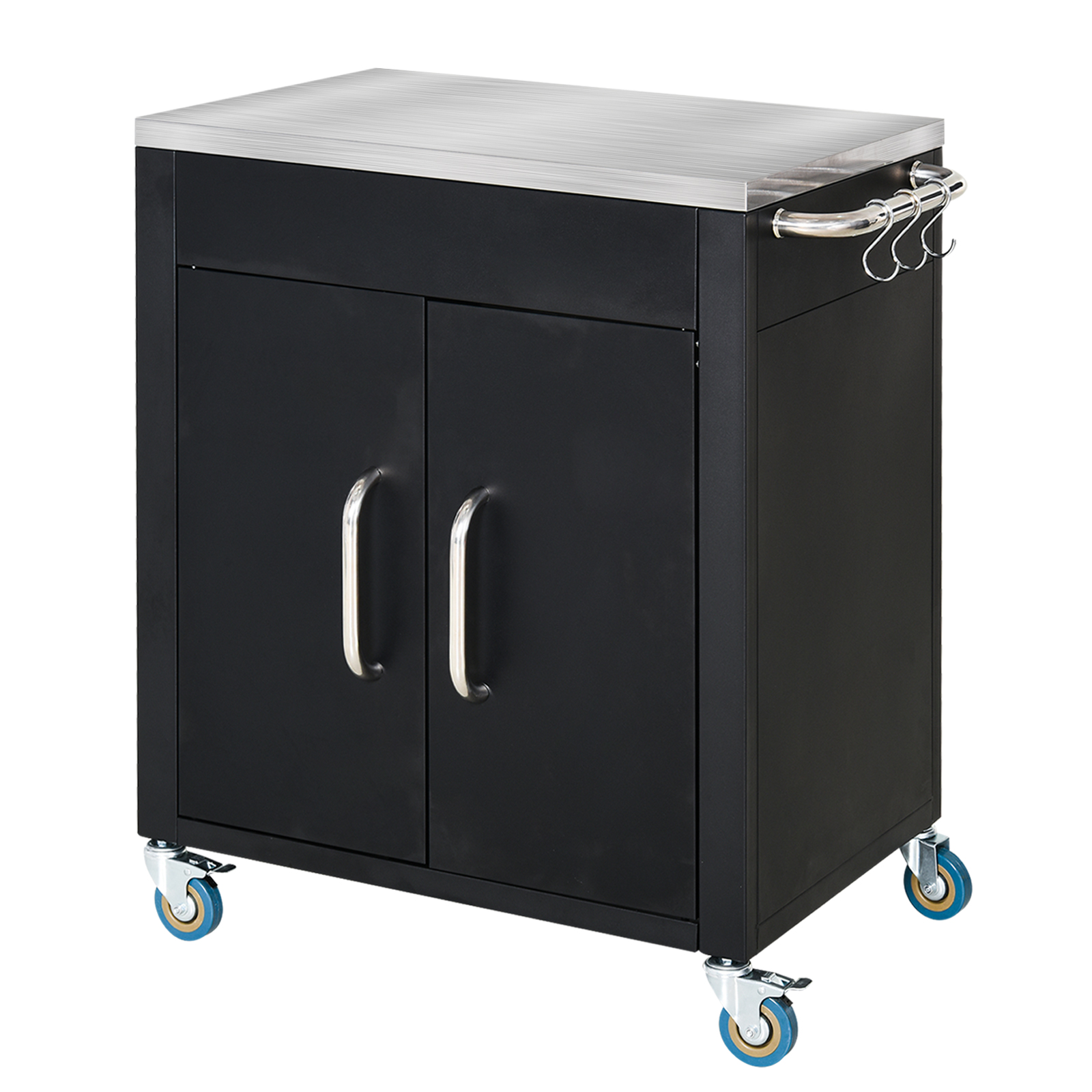 Küchenwagen mit Rollen, Servierwagen, Rollwagen mit Schrank, Haken und Edelstahlgriffe, Küchenhilfe, BBQ Grilltisch aus Edelstahl Küchentrolley, 86 x 50 x 86,5 cm Schwarz