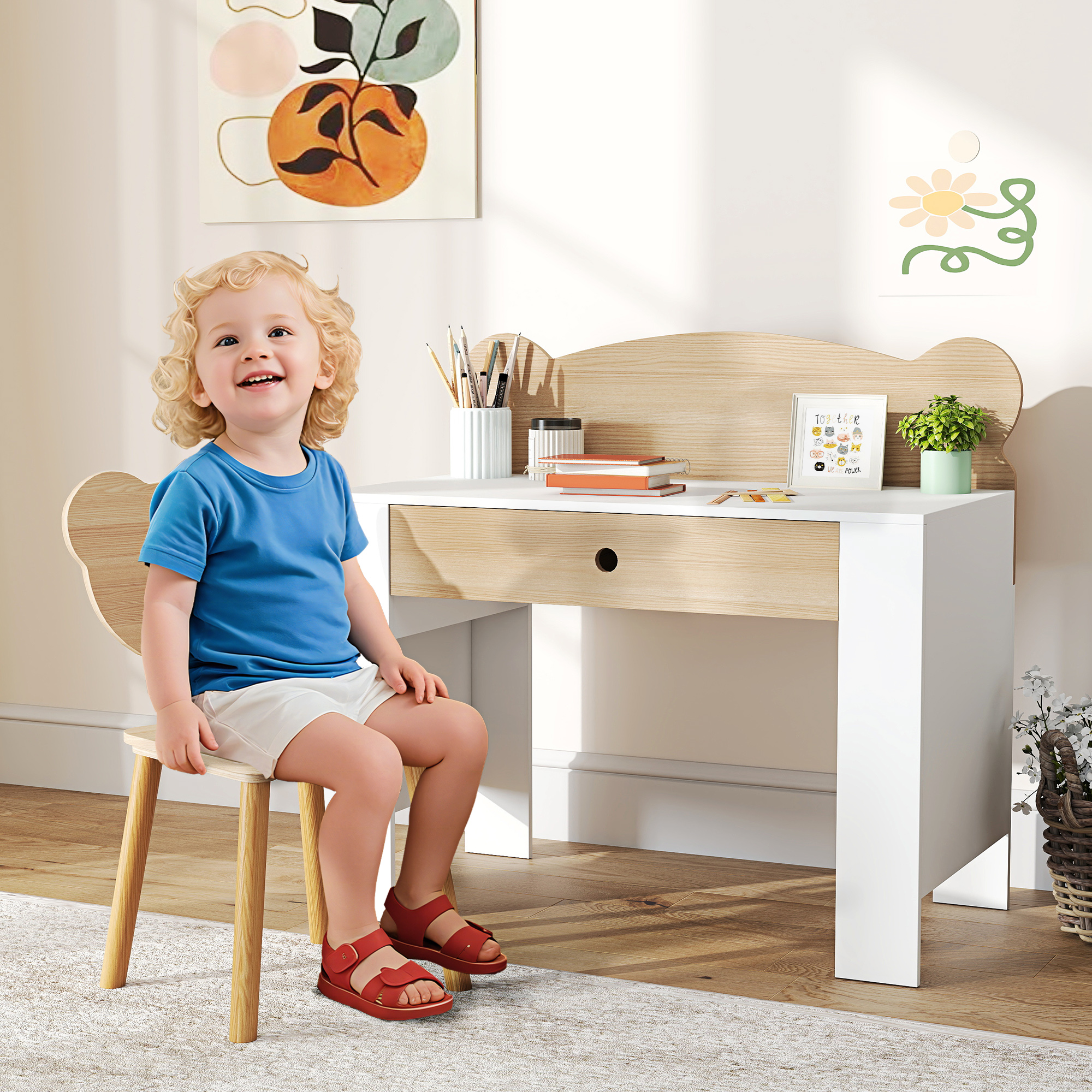 Schreibtisch-Set für Kinder, Arbeitstisch und Stuhl mit Bärenform, Schublade, zum Schreiben und Basteln, 3-8 Jahre, Naturholz