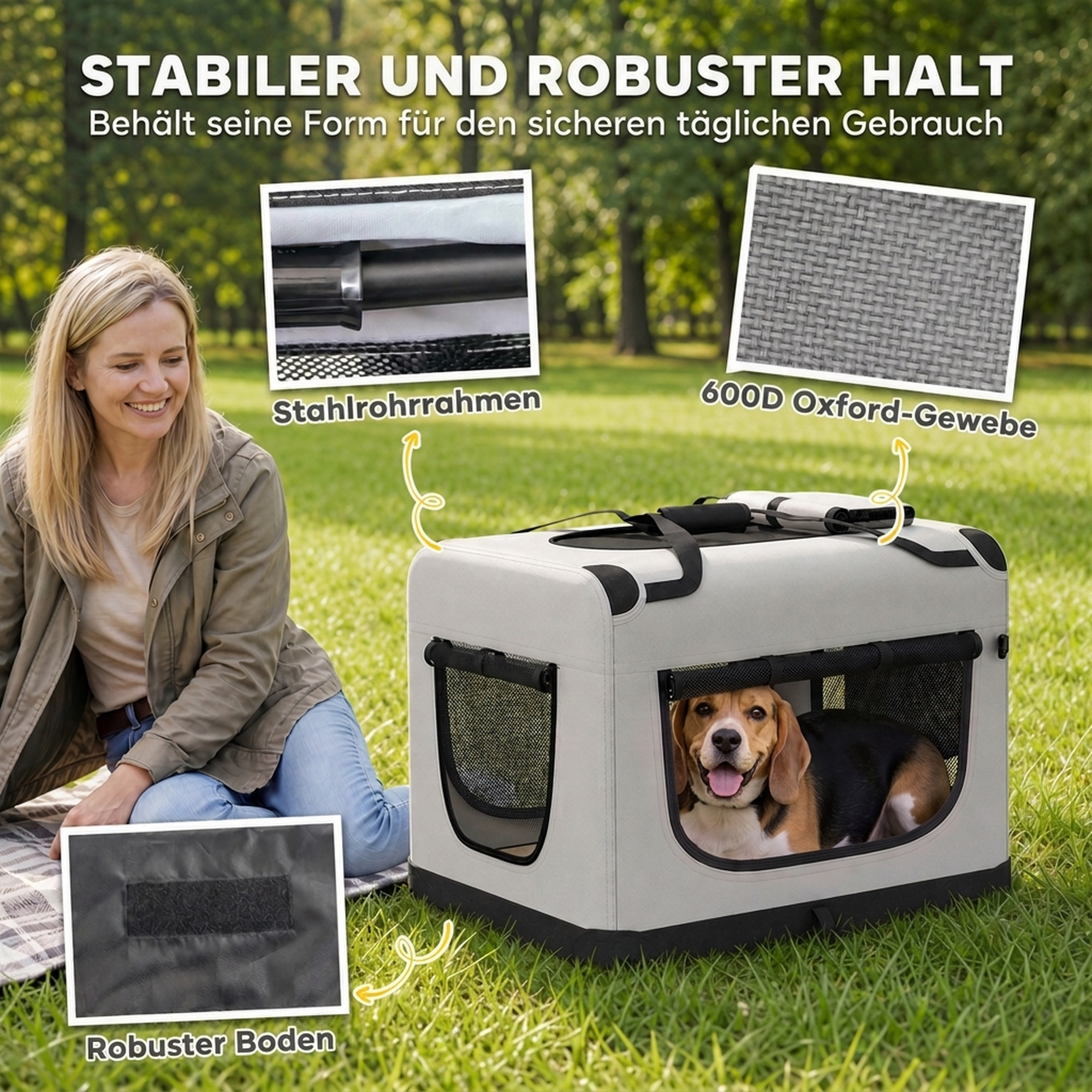 Transporttasche für Haustiere, weichw. Hundetragetasche mit Sicherheitsleine, Kissen und Napf, Hellgrau