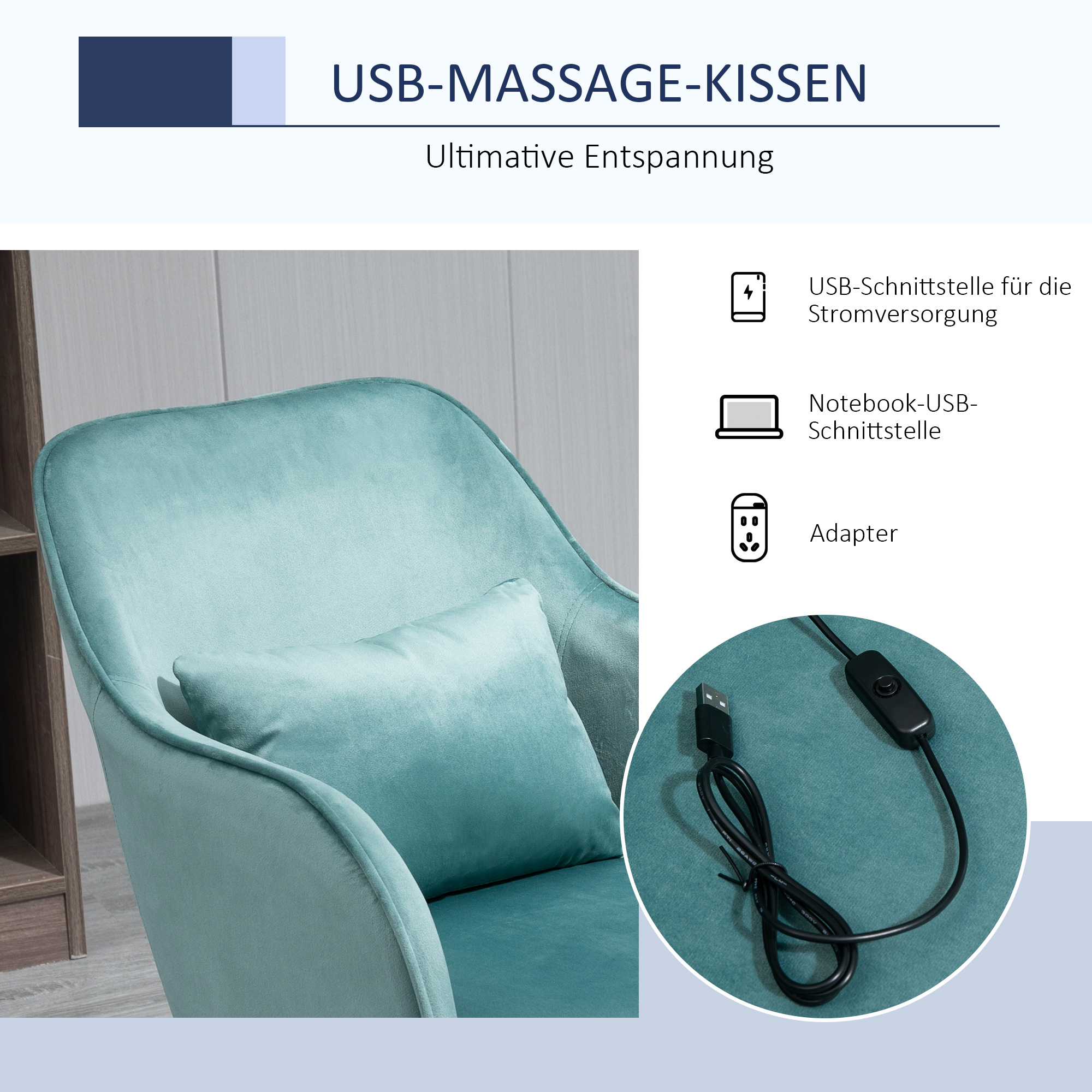 Massage-Bürostuhl in Samtoptik mit Vibrationsfunktion 55 cm x 65 cm x 86  cm Grün