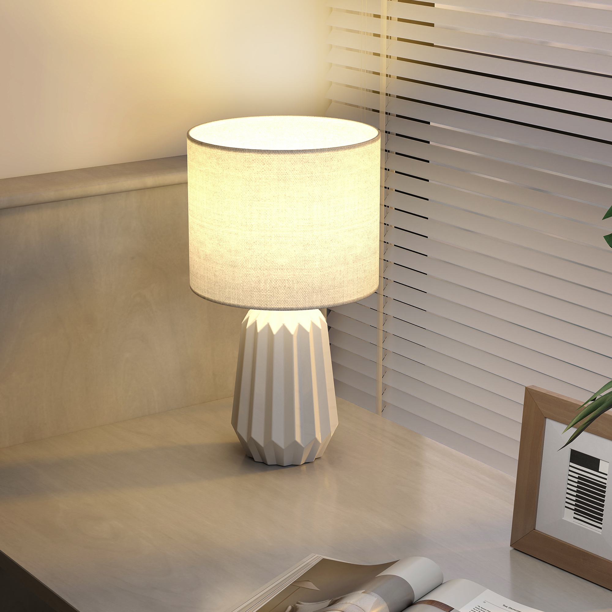 Tischlampe, Tischleuchte, Nachttischlampe mit Leinenschirm, Wippschalter, Schreibtischlampe, 22 x 22 x 39 cm, Weiß