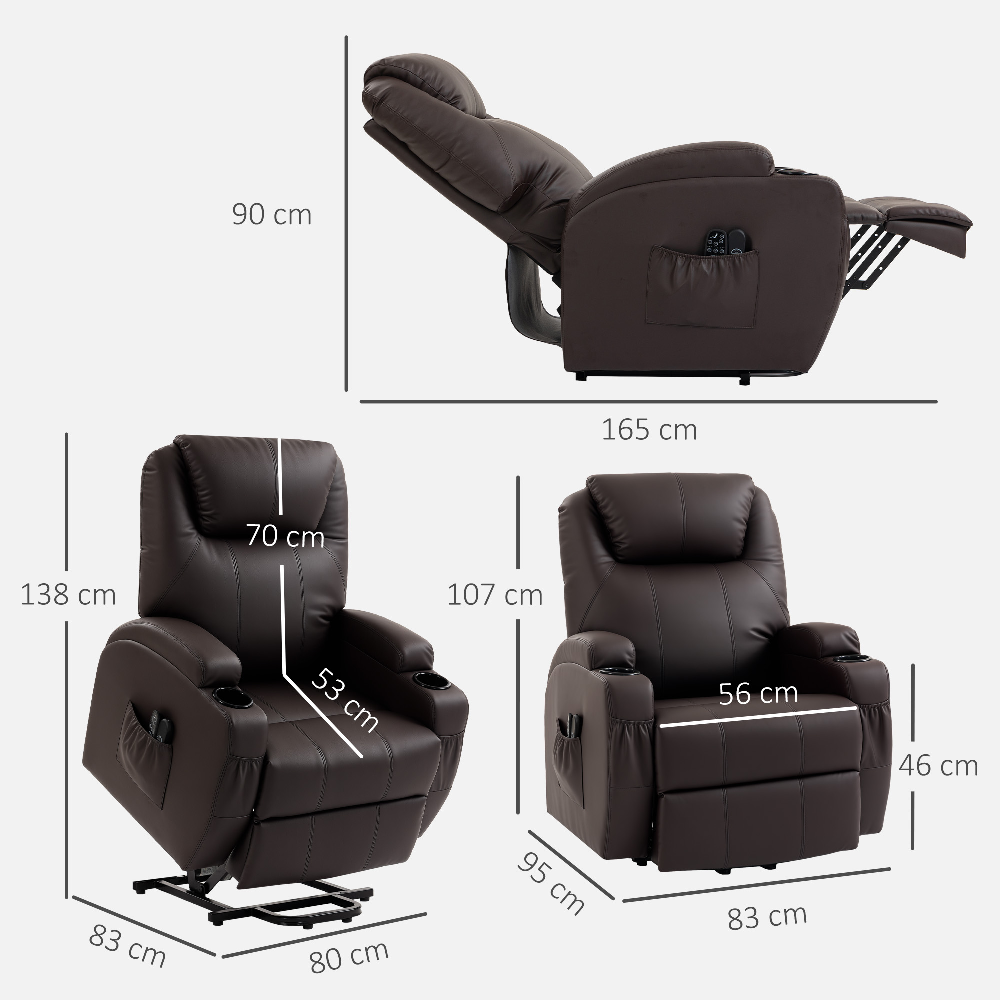 Aufstehsessel, Relaxsessel mit Aufstehhilfe, inkl. Fernbedienung, Becherhalter, verstellbare Rückenlehne, Braun