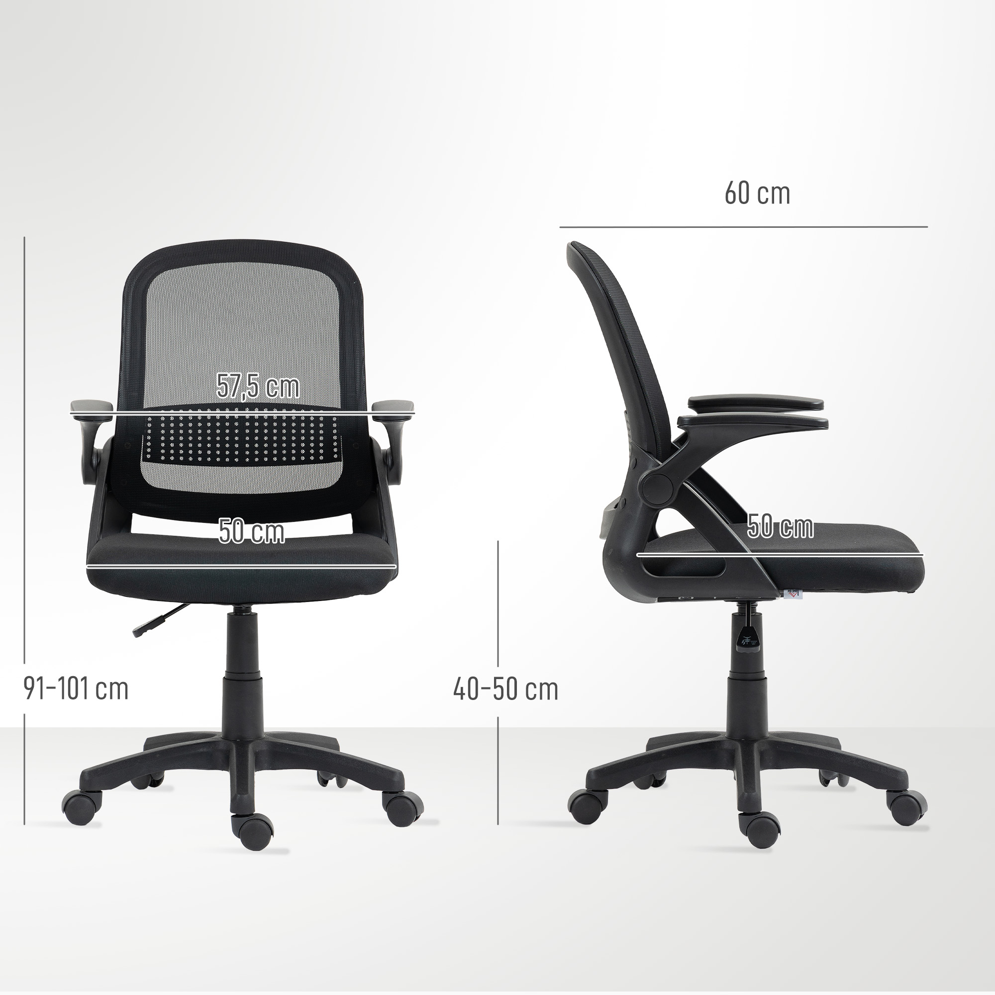 atmungsaktiver Mesh-Bürostuhl, Ergonomischer Drehstuhl mit klappbaren Armlehnen und Lendenwirbelstütze, Schwarz