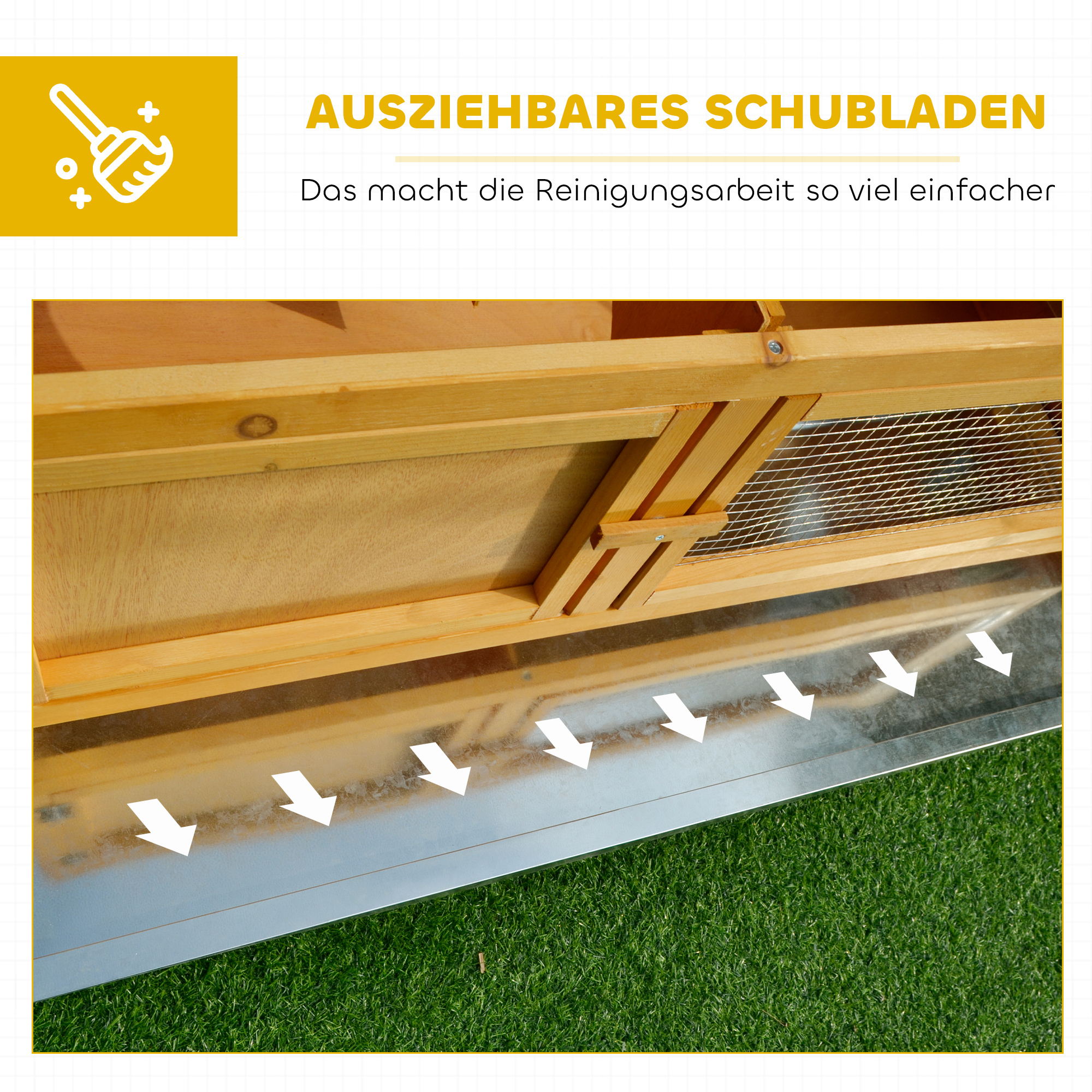 Hasenstall Kaninchenstall aus Holz mit aufklappbarem Dach, 2 Türen, auslaufsicherer Schale, 115x44,3x65 cm Hellgelb