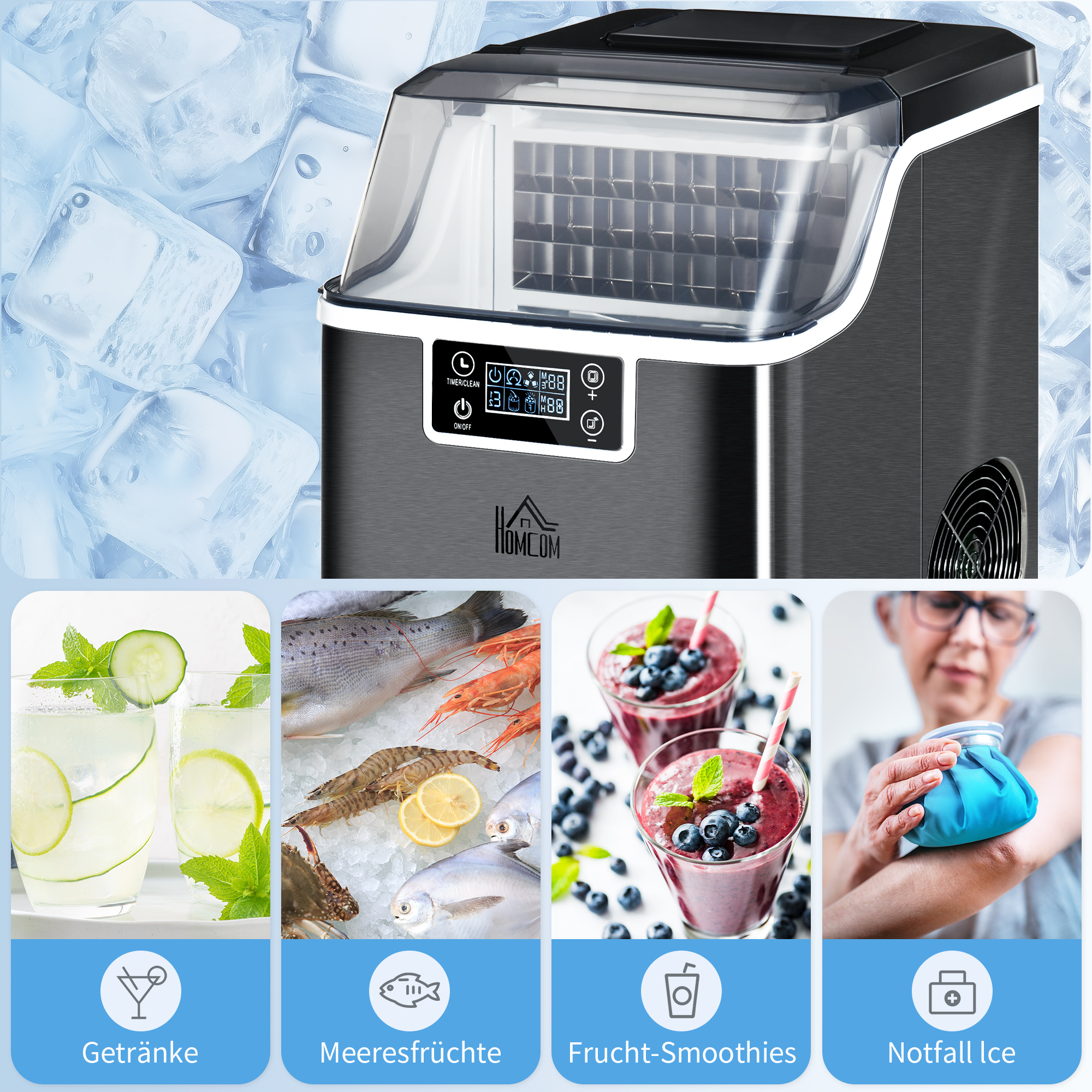 Eiswürfelmaschine Eiswürfelspender Ice-Maker 20kg/24h 2,3L Eiswürfelbereiter mit 3,2 L Wassertank, Schwarz