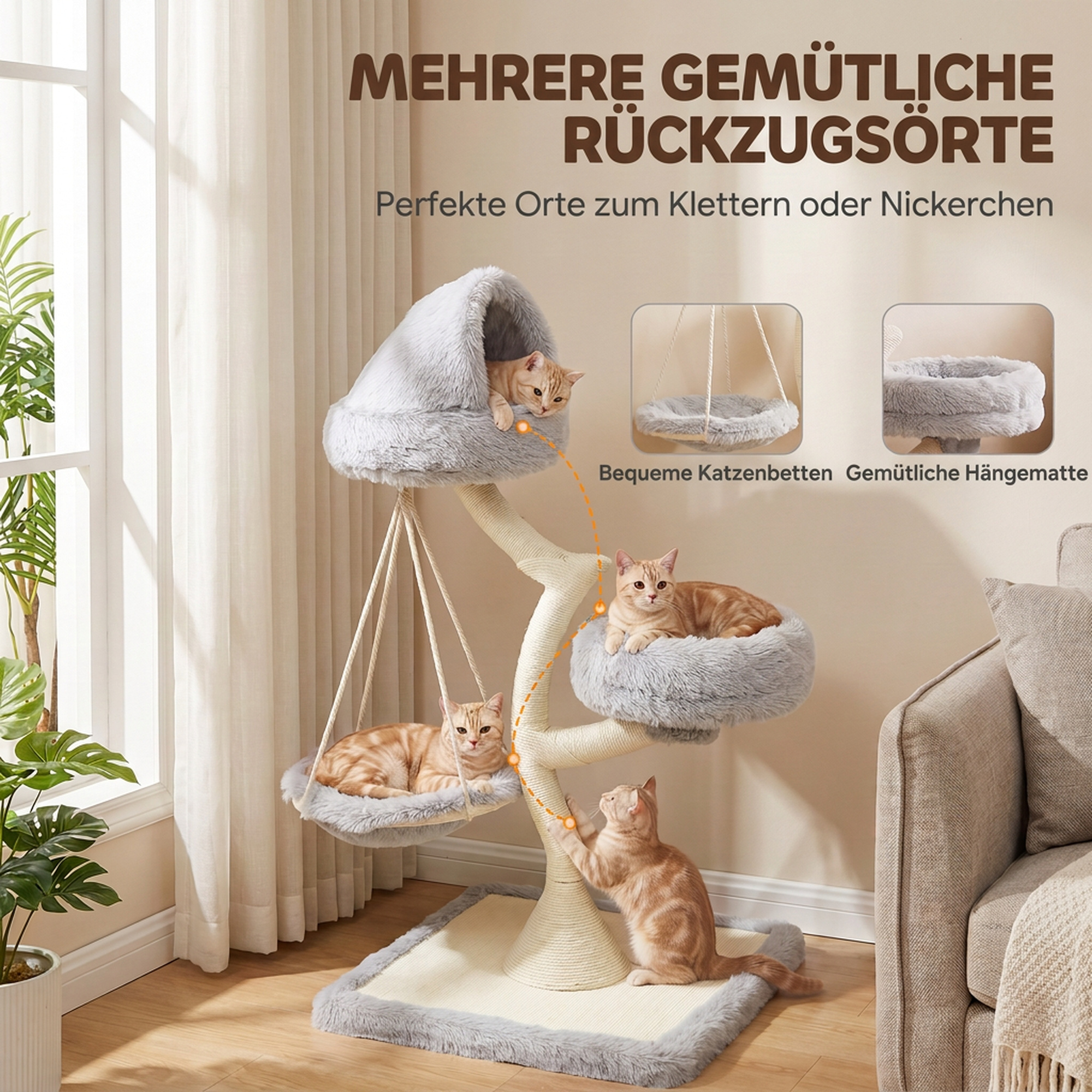 Kratzbaum 115 cm hoch Katzenbaum mit Baumform 2 waschbaren Betten Hängematte Sisal-Kratzstamm, für Katzen unter 6 kg