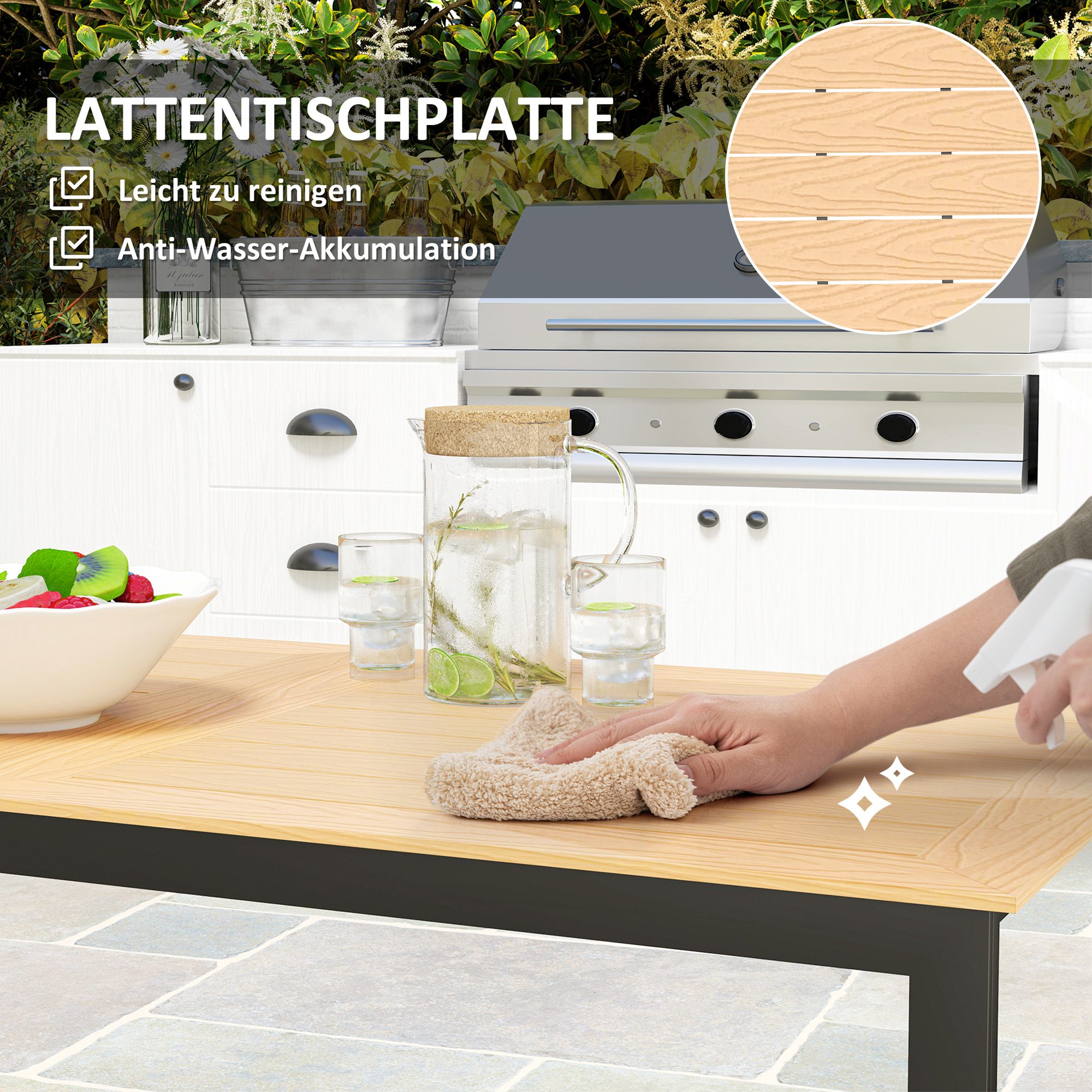 Gartentisch für 6 Personen 160 x 80 cm Wetterfest Balkontisch mit Lamellen-Tischplatte, Buffettisch Outdoor Teak