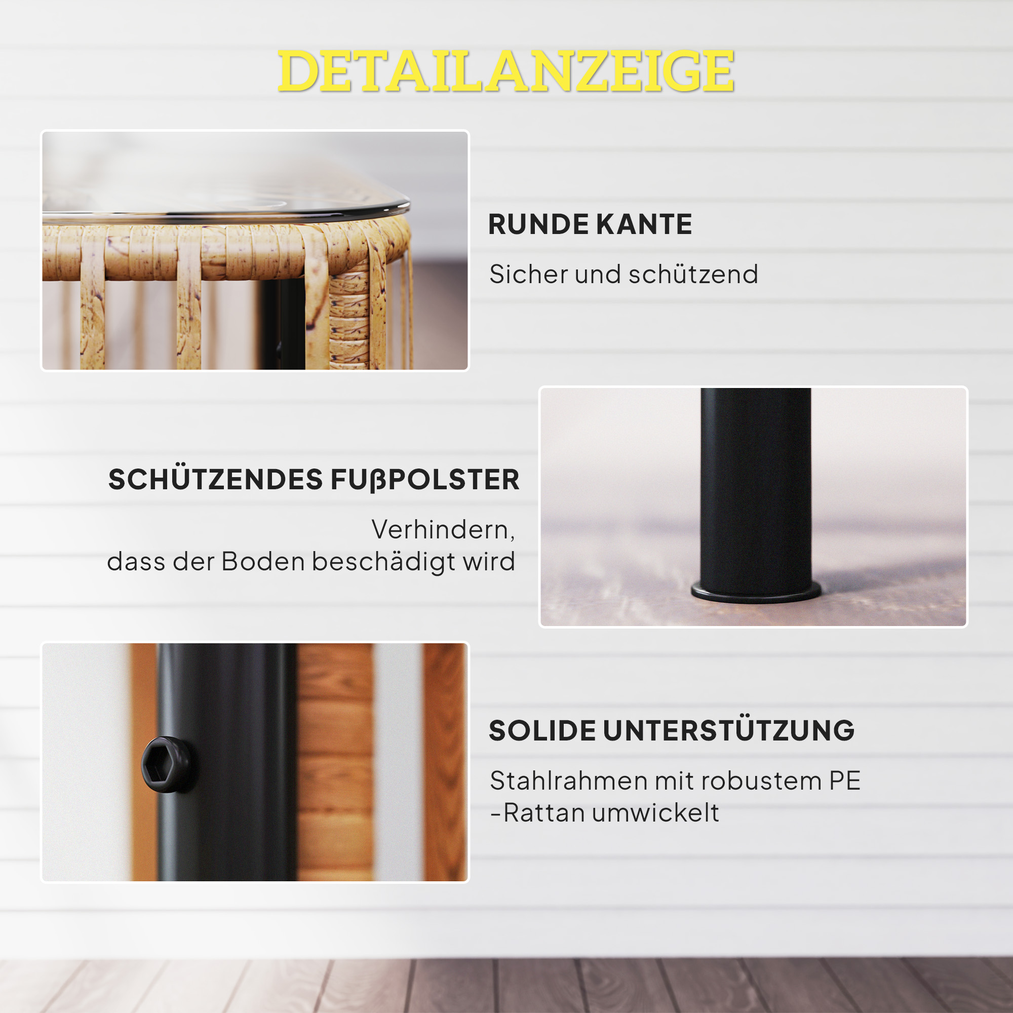 Polyrattan Gartentisch, 65 x 65 x 43 cm, wetterfest Beistelltisch quadrarisch mit Glasplatte Naturholz