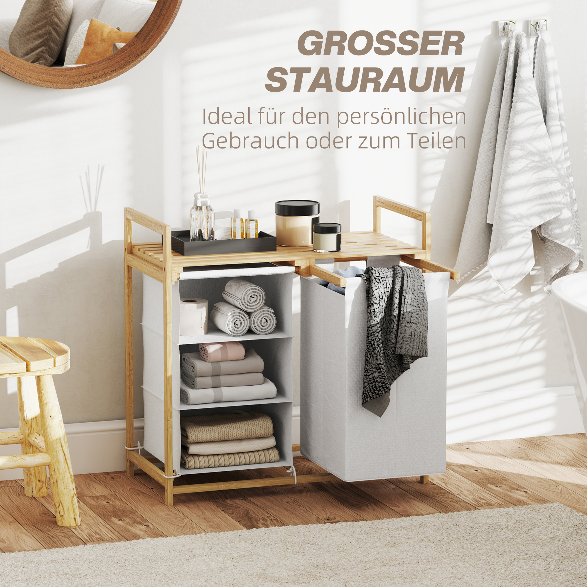 Wäschekorb mit Wäschesack, Stoffschublade, Bambus, 70x36x70 cm, Weiß/Holz