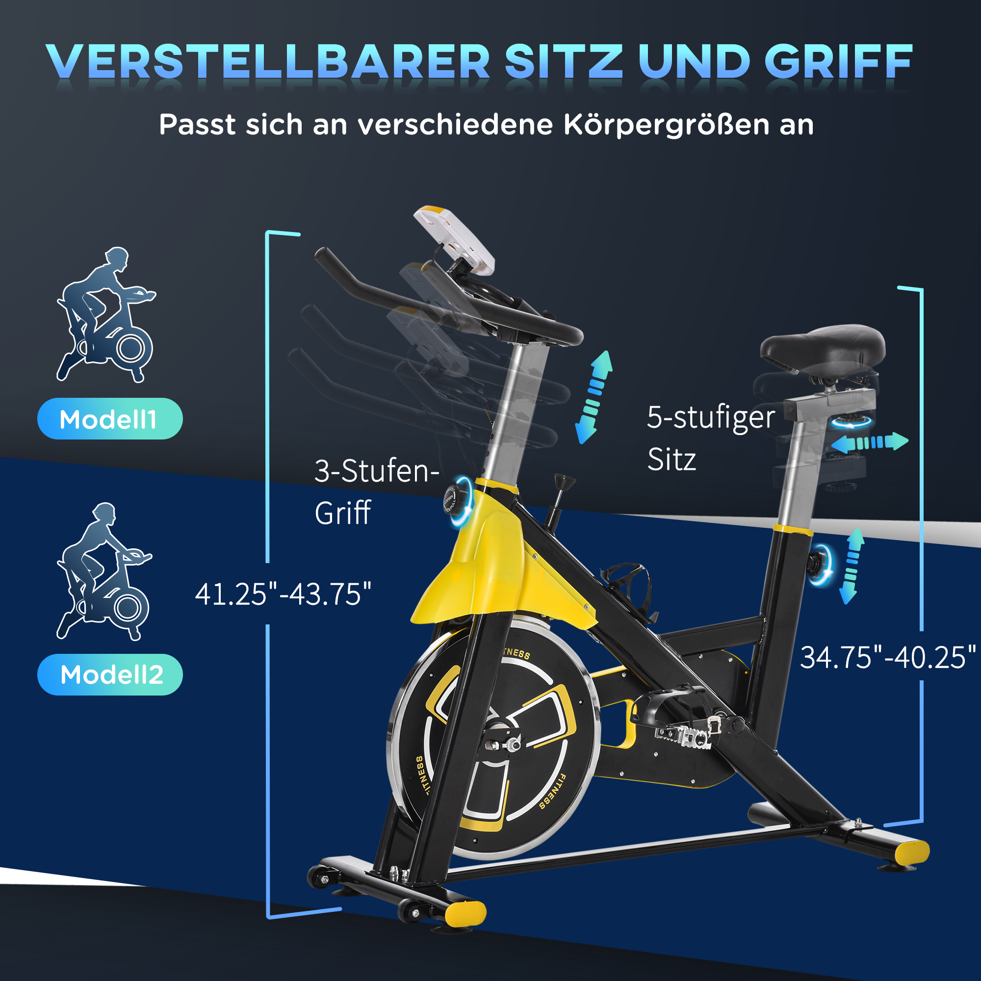 Fahrradtrainer höhenverstellbarer Heimtrainer Fitnessfahrrad Rollentrainer mit Riemenantrieb LCD-Display Stahl ABS Gelb+Schwarz+Grau 45,5 x 100 x 101-113 cm
