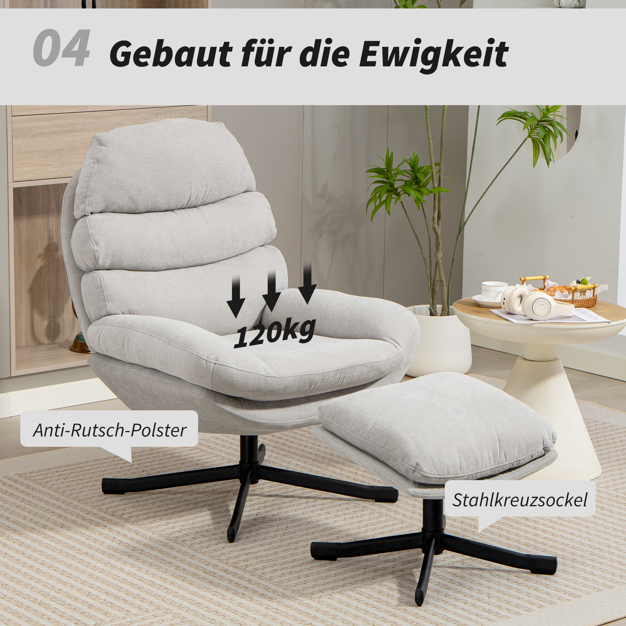 Relaxsessel mit Hocker Sessel Loungesessel mit Chenille-Stoff, Modern Fernsehsessel, 78 x 93 x 100 cm, Cremeweiß
