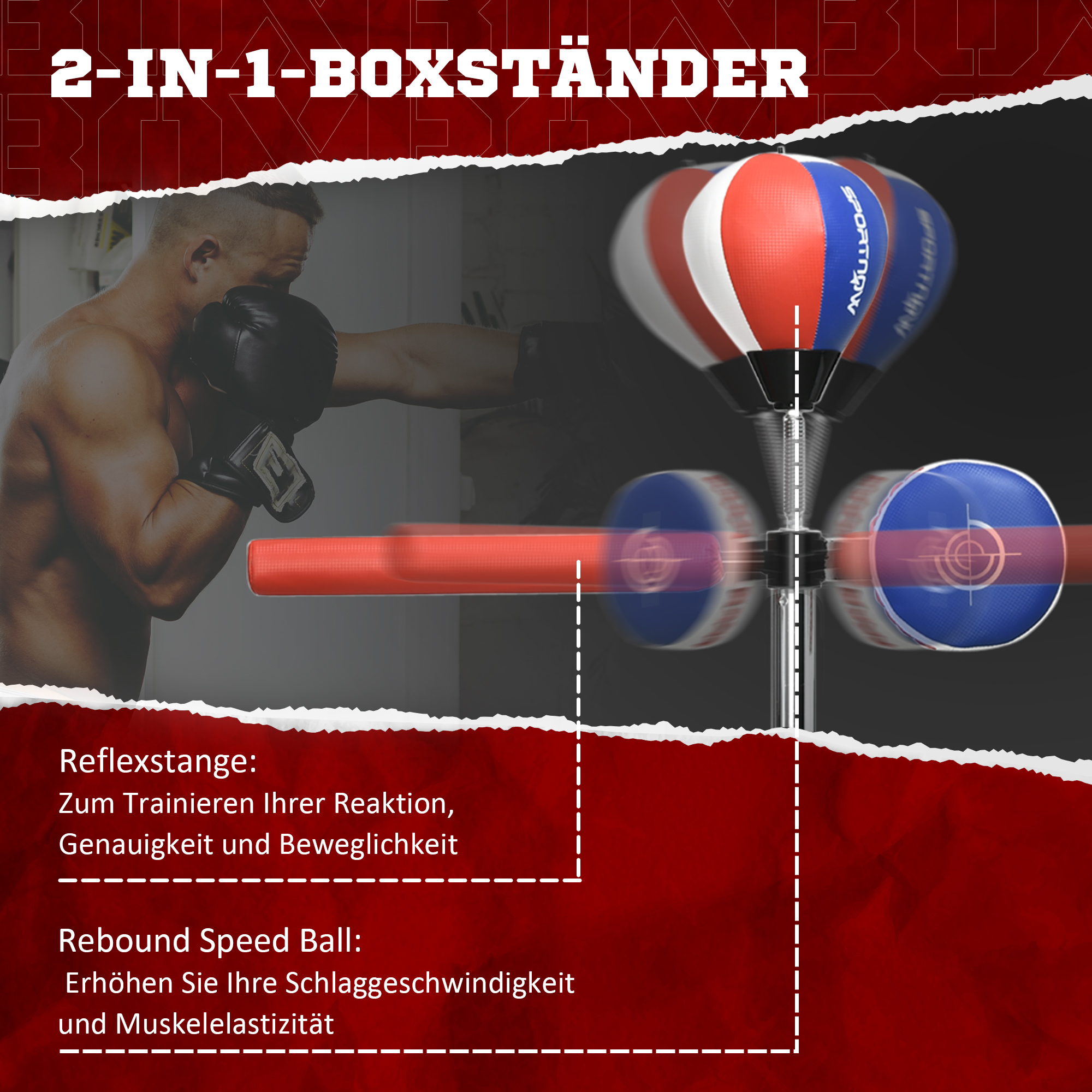 Boxständer, höhenverstellbar, Reflexstange, Pratze, Speedball, befüllbarer Standfuß, 80,5 x 48 x 163-205 cm