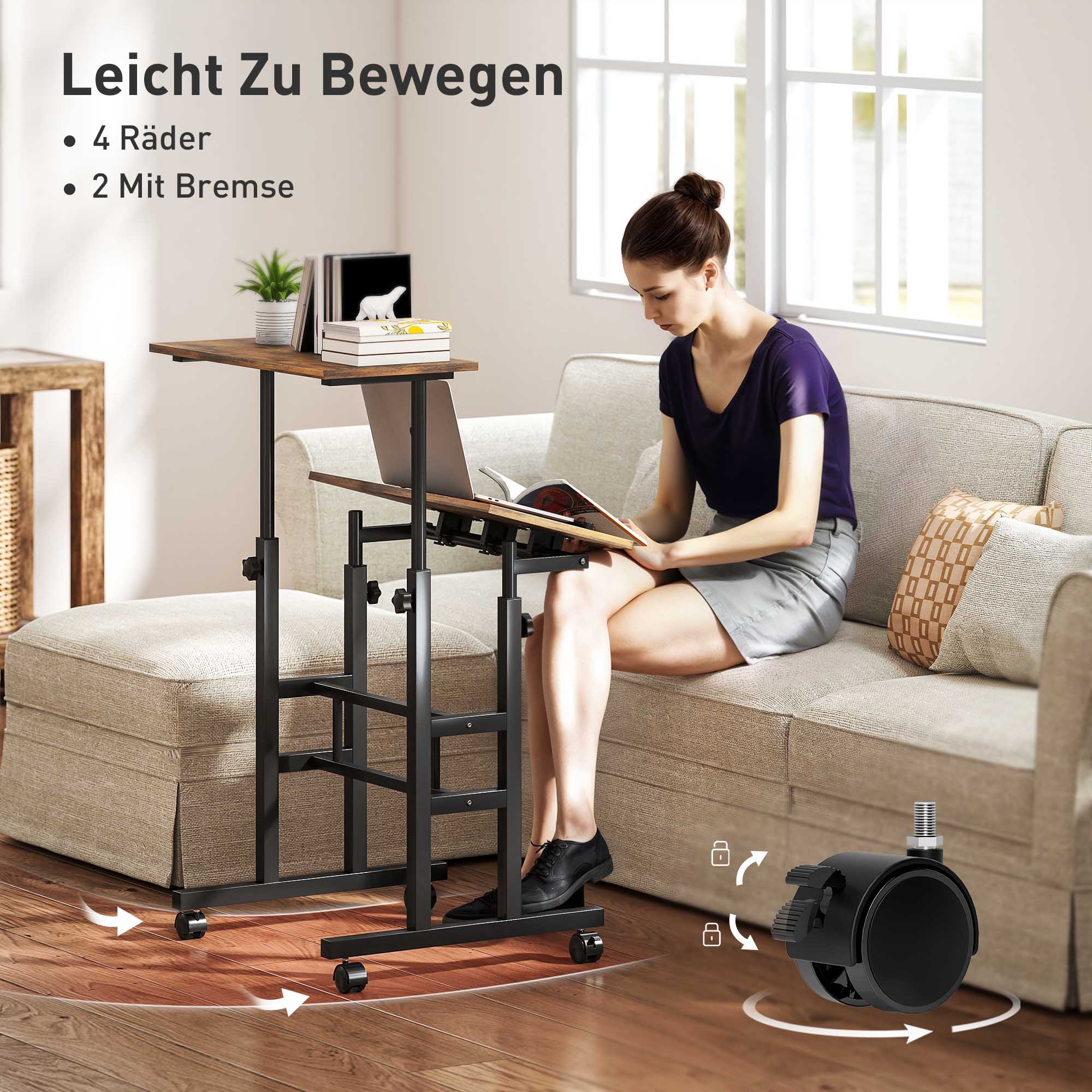 Schreibtisch höhenverstellbar Küchentisch mit Regal, Rollen, Computertisch Rustikal Braun 60 x 60 x 70,5-120 cm