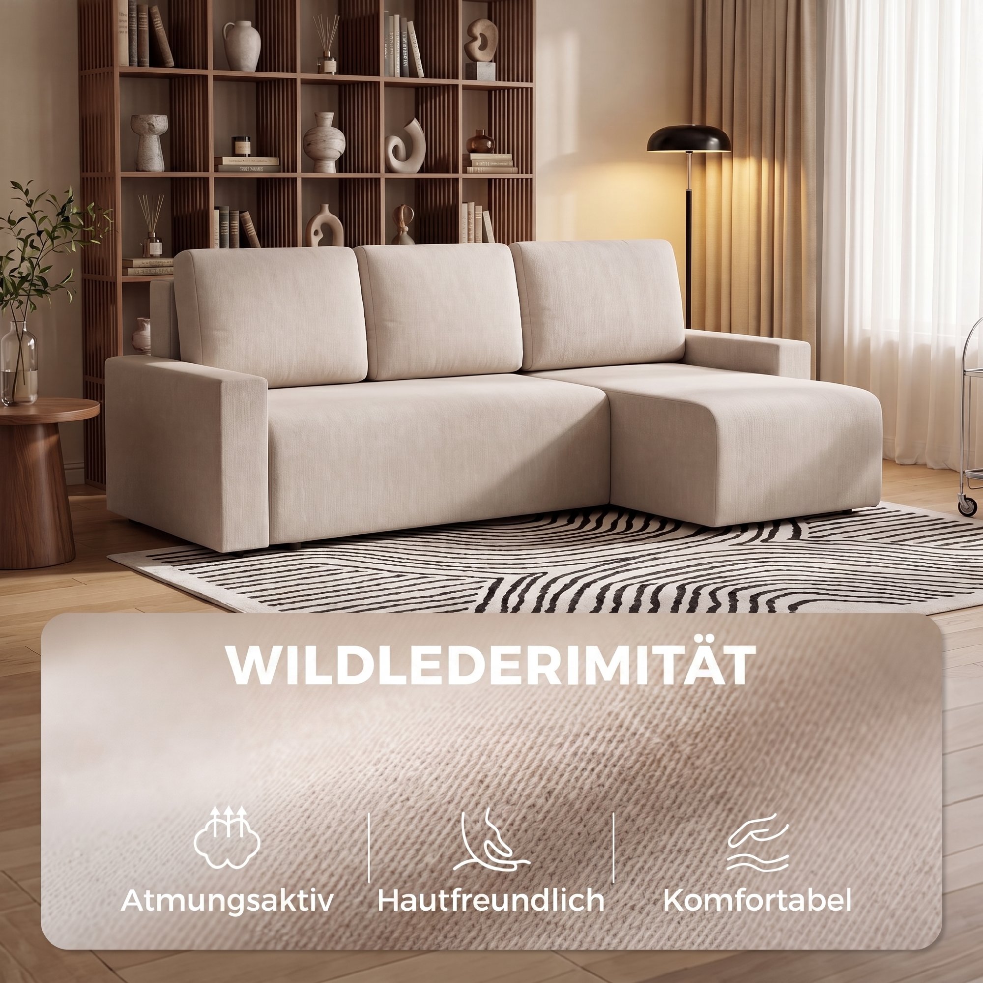 Ecksofa mit Schlaffunktion und umkehrbarer Chaiselongue, L-förmiges 3-Sitzer Sofa aus Veloursbezug, Beige