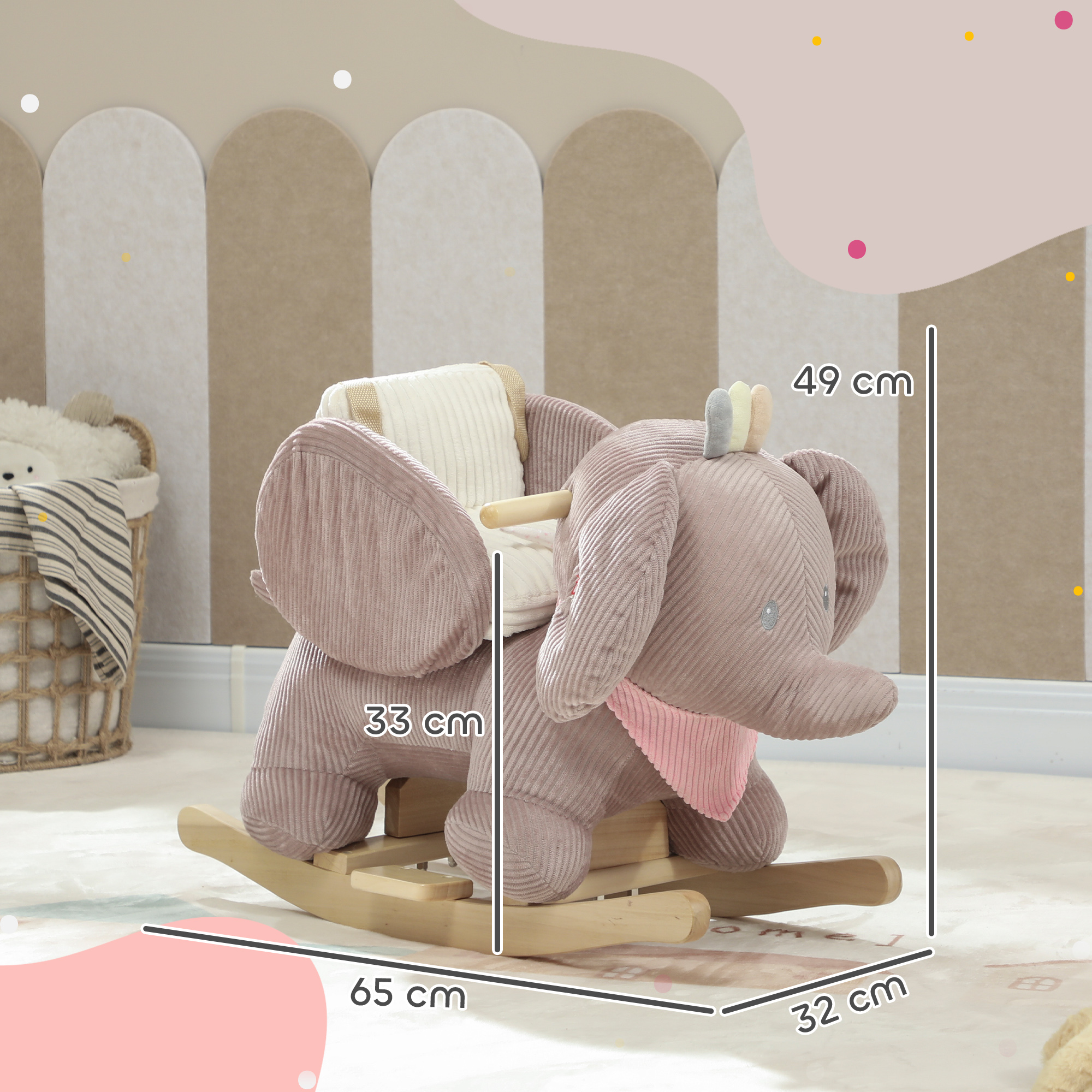 Schaukeltier, Elefant-Schaukel, interaktive Tiergeräusche, Holzrahmen, für Kinder 1,5-3 Jahre, 65 x 32 x 49 cm, Braun