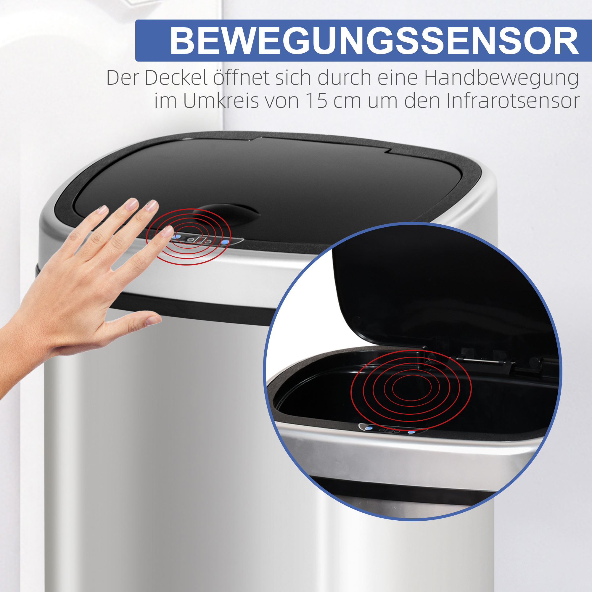 Mülleimer mit Sensor 58L Automatik Abfalleimer mit Bewegungssensor, Wasserdichter Abfallbehälter aus Edelstahl für Küche, Büro, Schlafzimmer Silber