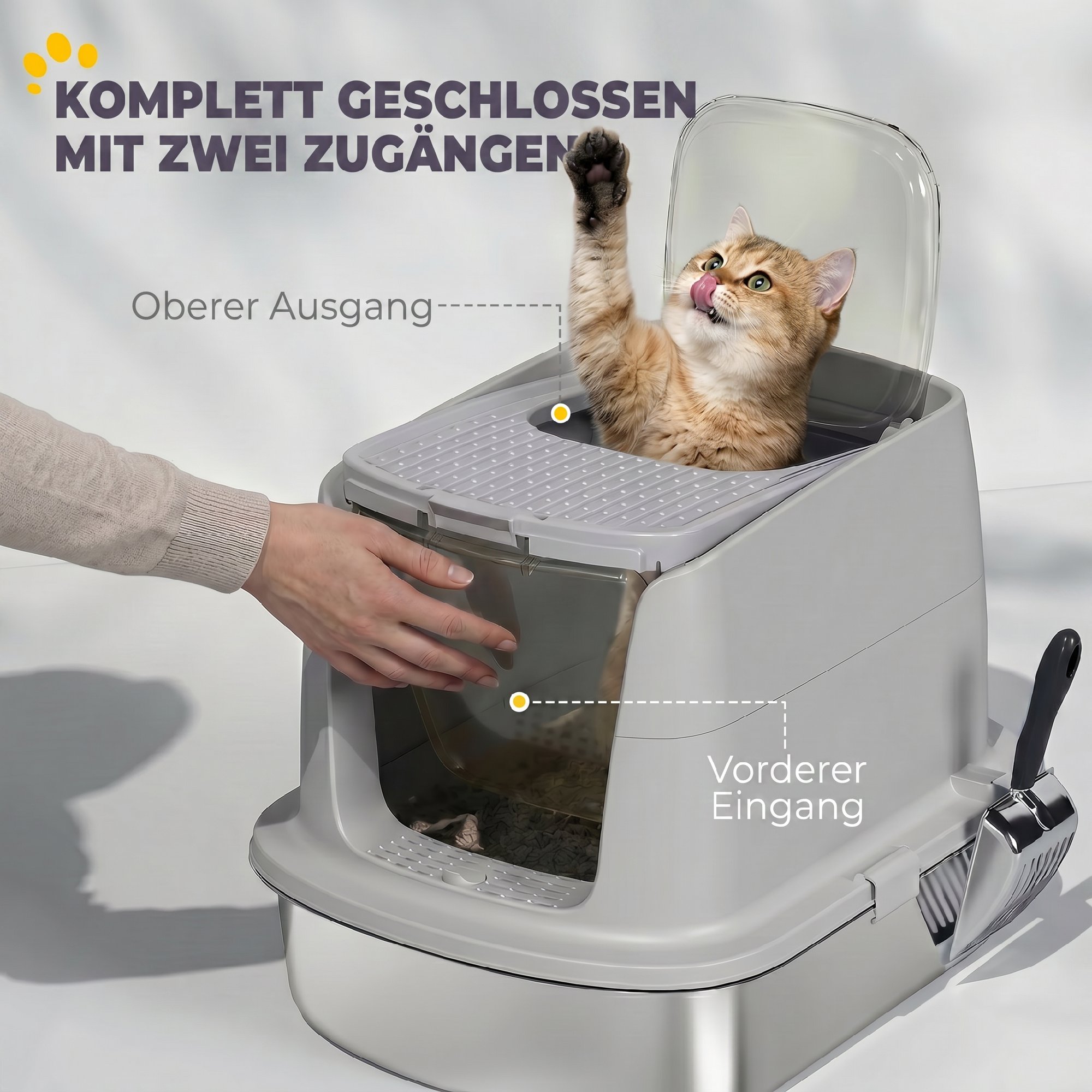 Katzentoilette Edelstahl, geschlossene Katzentoilette mit Schaufel, Geruchsbeutel, Einstieg Ausgang
