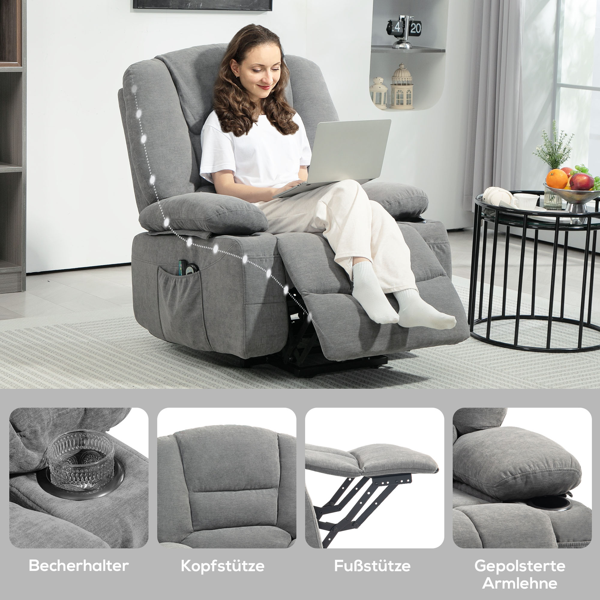 Relaxsessel mit Aufstehhilfe, Massagesessel mit Wärmefunktionen, 2 Fernbedienungen, weicher Schaumstoff