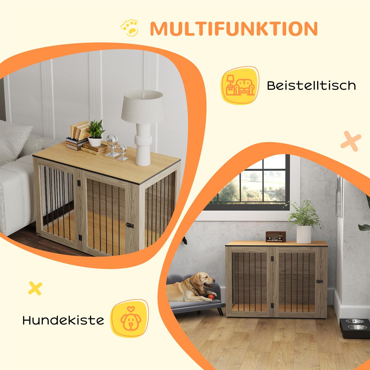 Hundebox, Haustierbox für große Hunde, Hundehütte, Indoor, 106 x 60 x 76 cm, Eiche