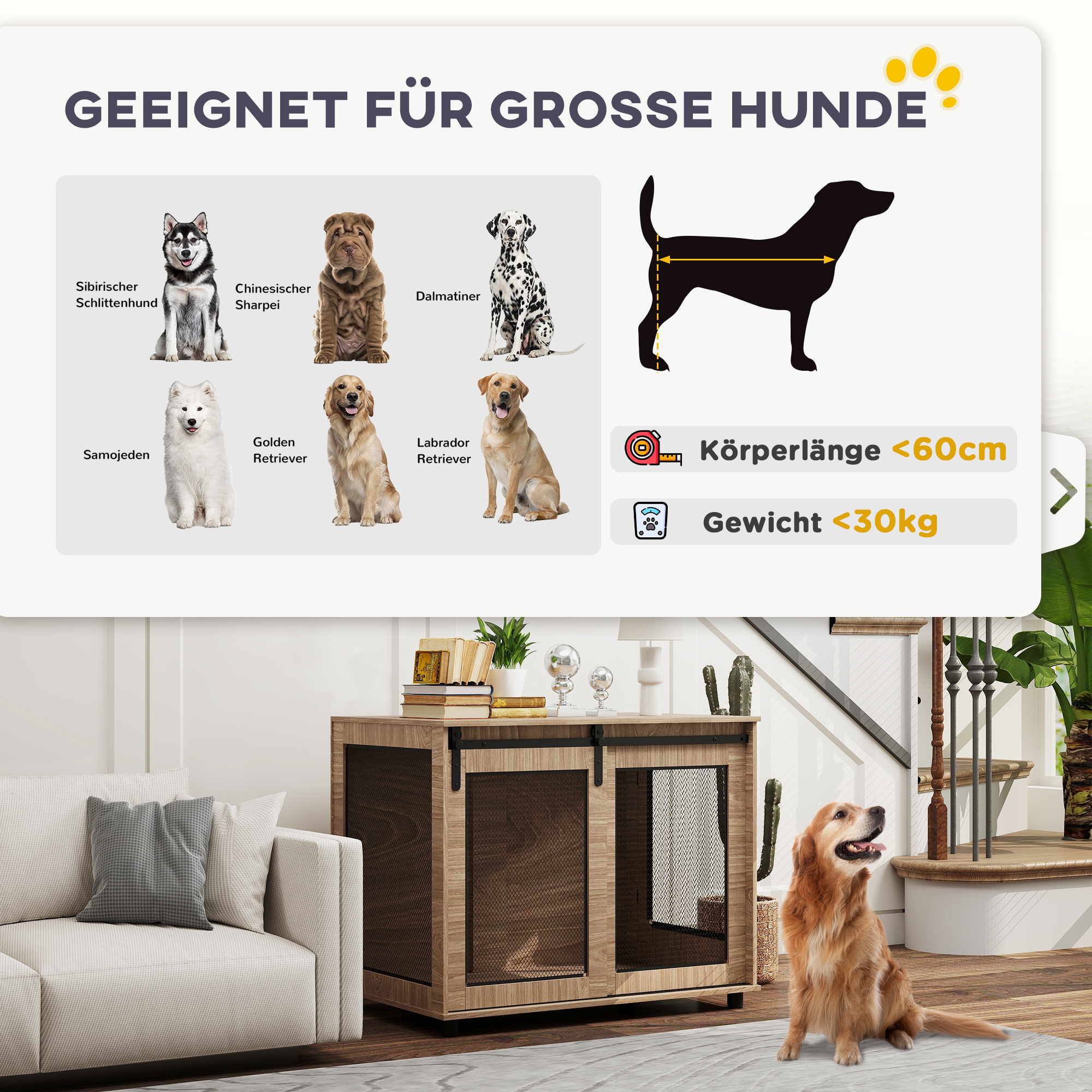 Hundebox, Transportbox für Hunde, Rückzugsbox für Haustiere, verschließbare Türen, 98 x 60 x 78 cm, Hellbraun
