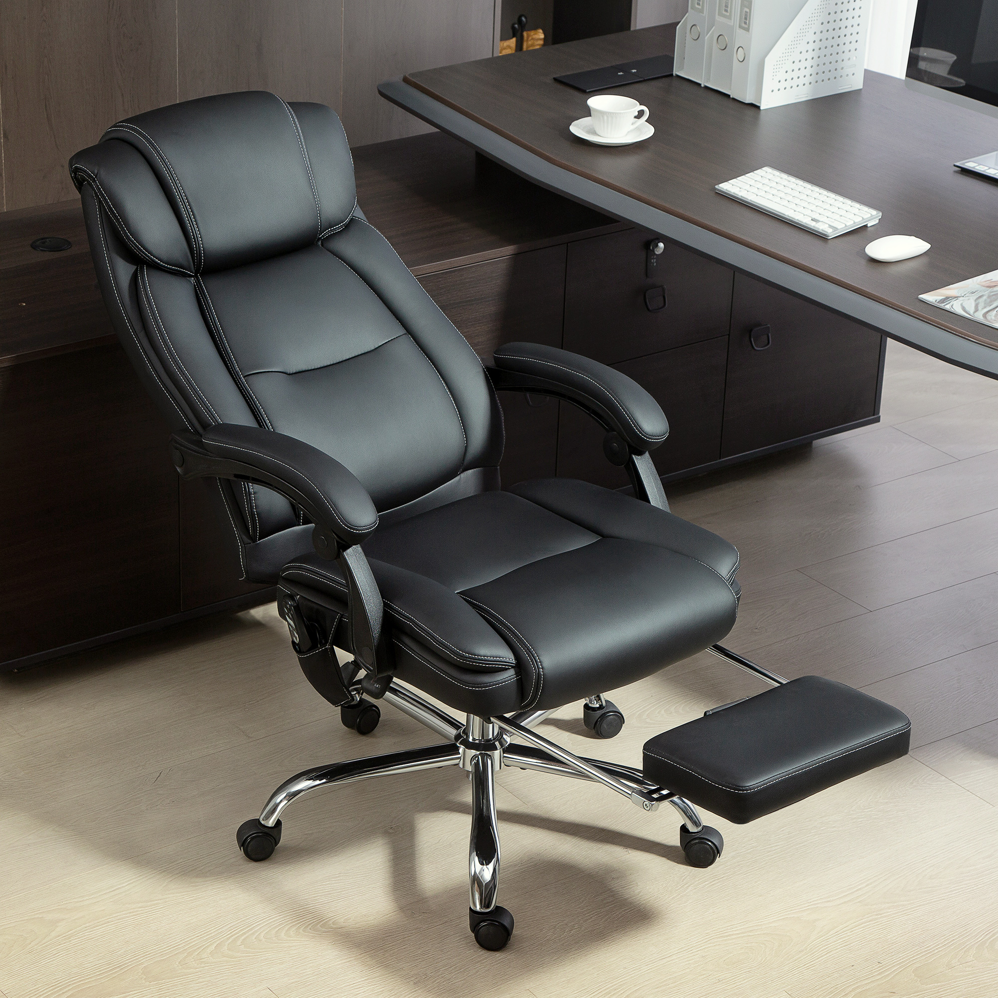 Bürostuhl Ergonomisch mit Massagefunktion Schreibtischstuhl mit Fußstütze, Kunstleder Schwarz