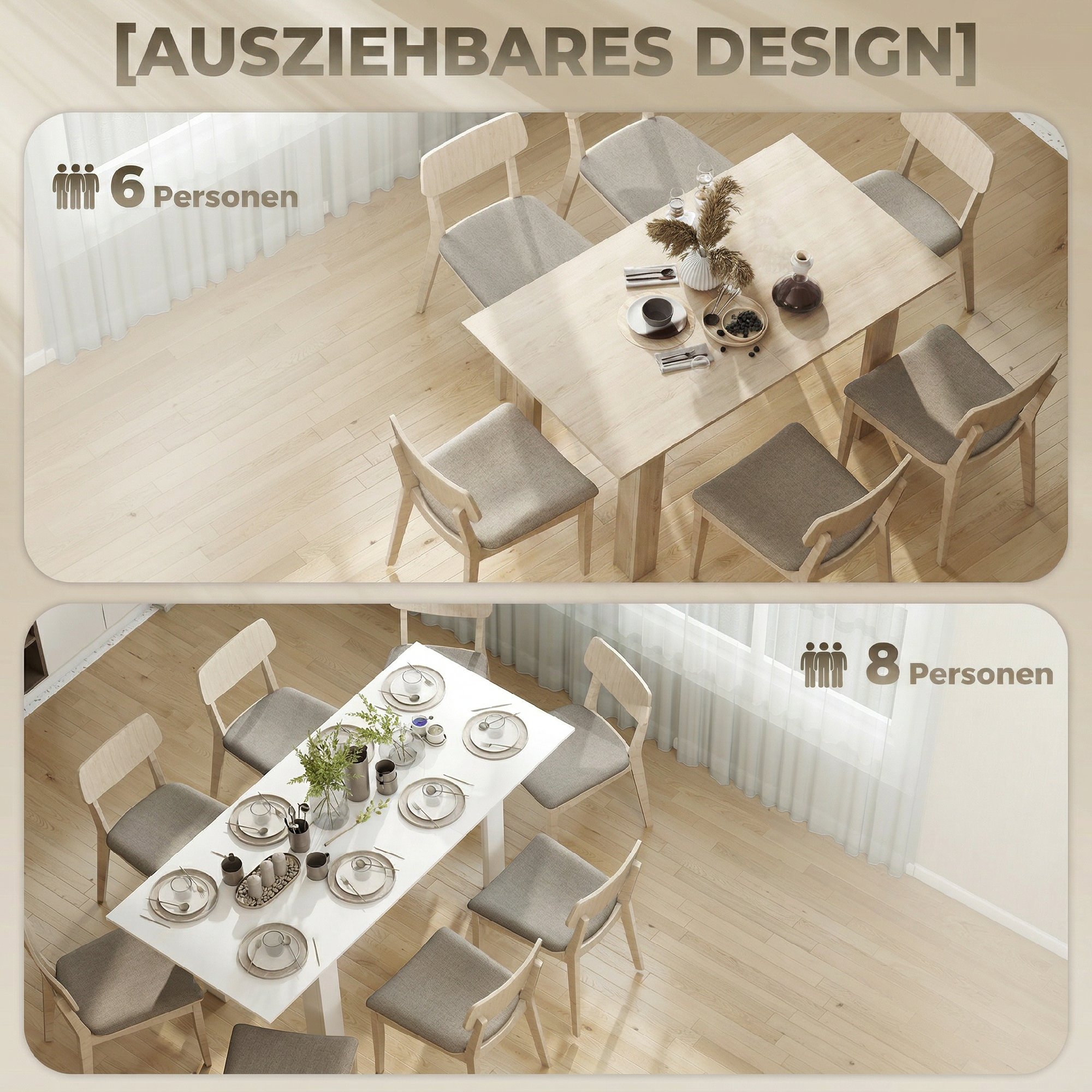 Esstisch ausziehbar, 140/180 x 80 cm Küchentisch für 6-8 Personen, für Küche, Esszimmer, Weiß