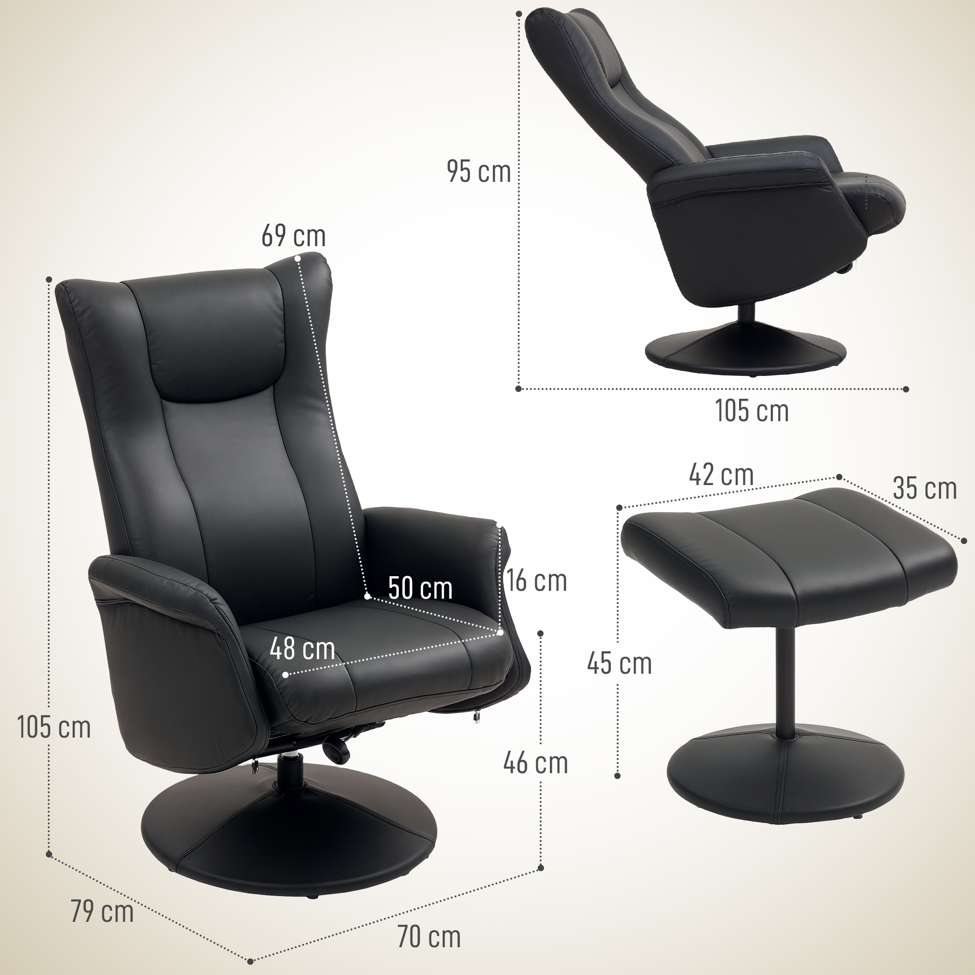 Chefsessel mit Hocker, Lederoptik, drehbar, verstellbare Lehne, bis 150 kg, Schwarz